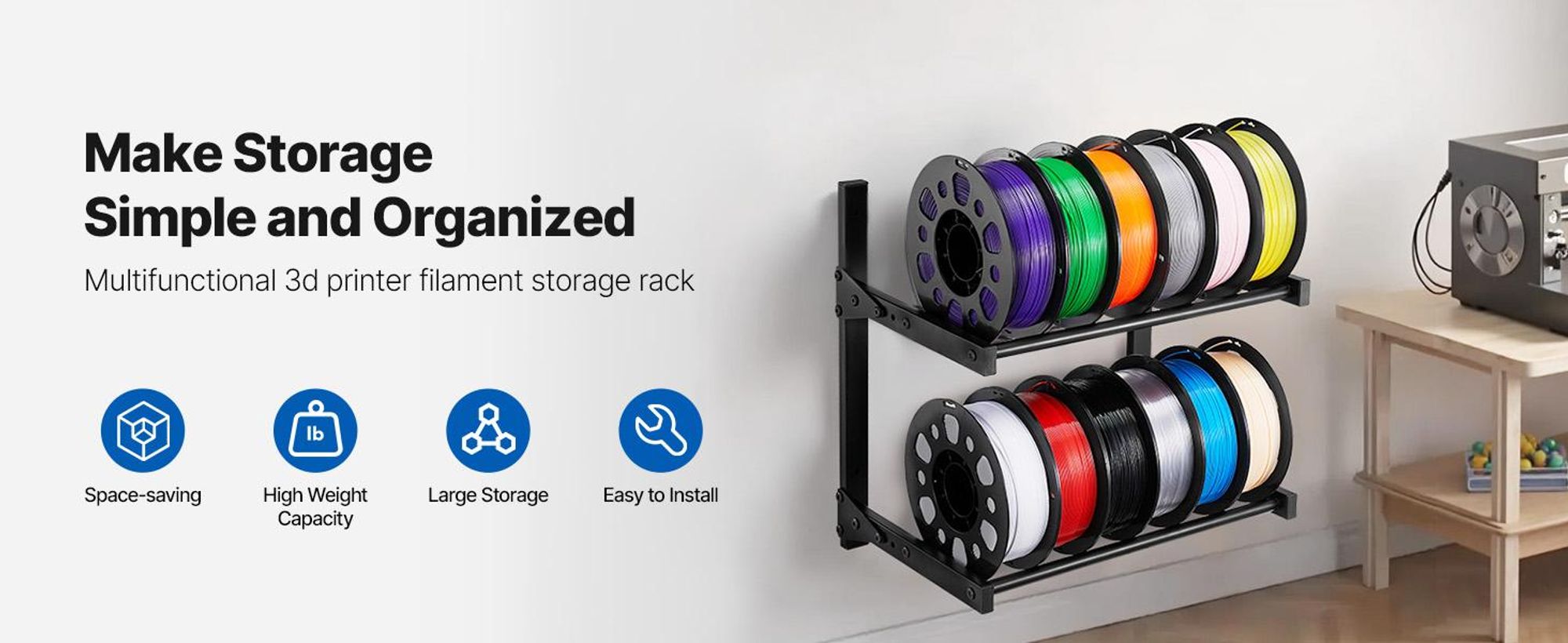 VEVOR Wandmontierter Drucker Filamentlagerregal, 2-stufiges Wandregal, rollbare Filamentspulenhalter mit Rädern, Filamente organisiert für 3D-Druckstudio, Werkstatt (Nur Regal), Wandmontiert, 2 Schichten