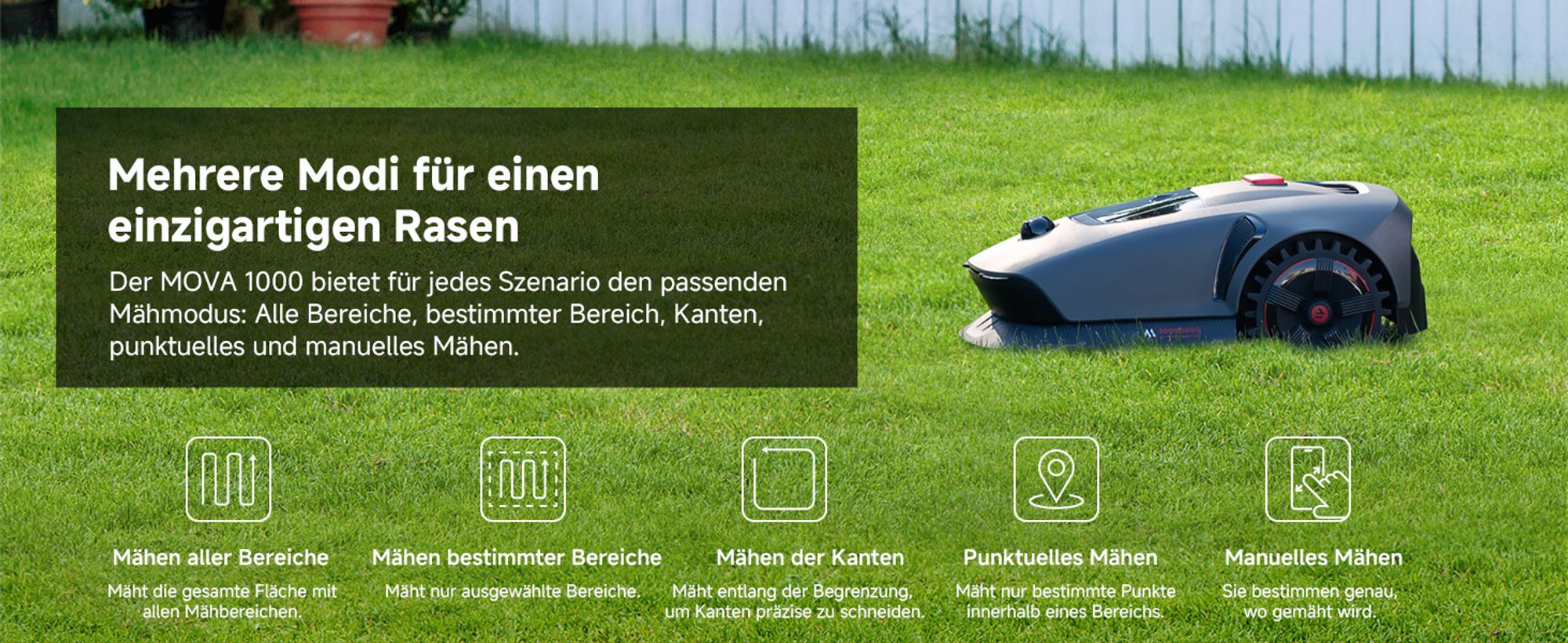 MOVA 1000 Mähroboter + Garage, UltraView, kabellose Einrichtung, bis 1000㎡, präzise Kartierung, smarte Hindernisvermeidung, App-Steuerung