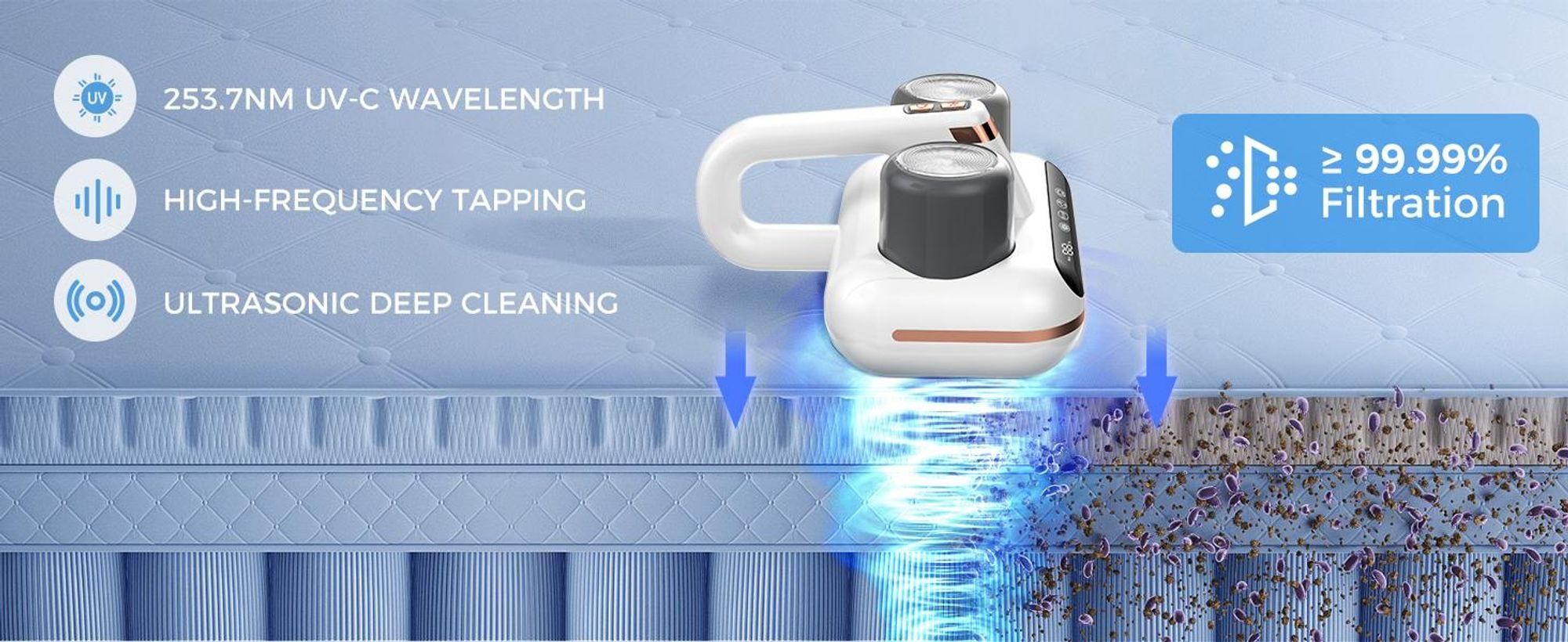 Matratzenstaubsauger, 5-in-1 kabelloser Bettstaubsauger, 16000 Pa starke Saugkraft, UV-C-Licht, Ultraschall-Technologie, geeignet für Staub, Tierhaare