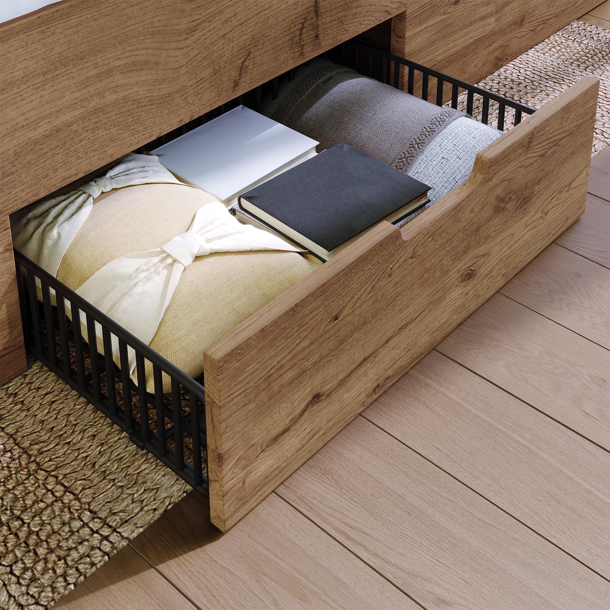 Flieks Stauraumbett Doppelbett 180x200cm mit USB & Type-c, Jugendbett Holzbett mit LED, Funktionsbett mit Schubladen, offene Fächer & Nachttisch, Oak