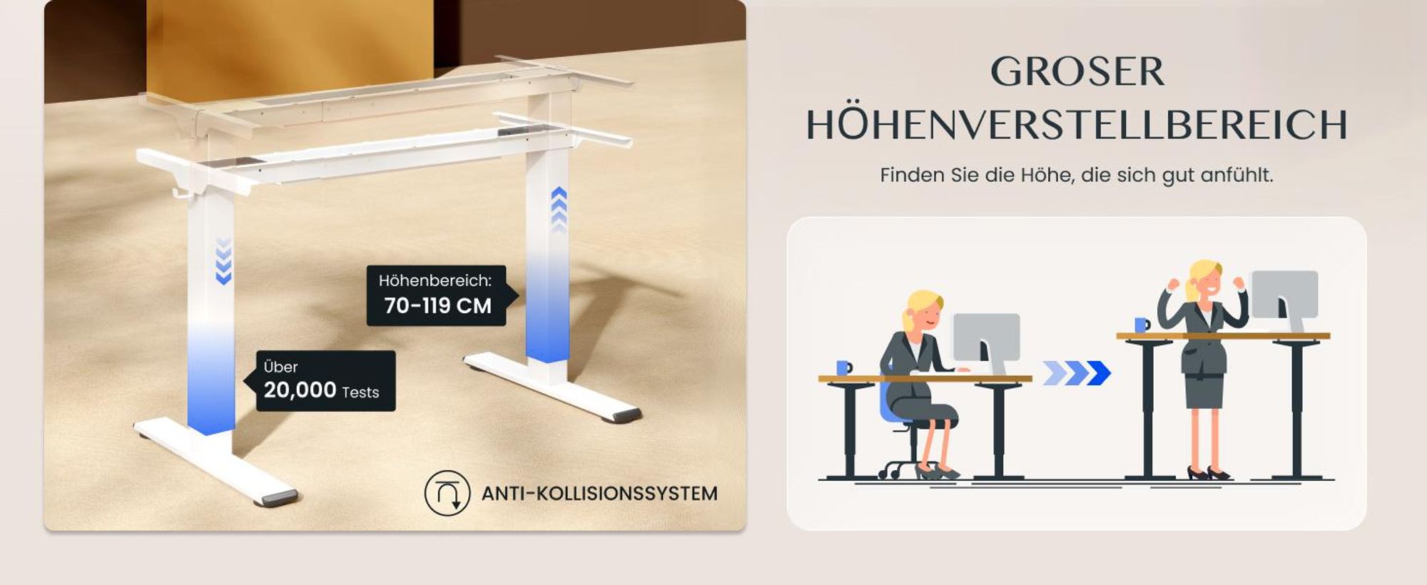 FlexiSpot E1 Pro Höhenverstellbarer Schreibtisch, Dualmotor 120 kg Tragkraft 4 Memory-Steuerung, Anti-Kollisionsschutz, Tischgestell Elektrisch (Grau)