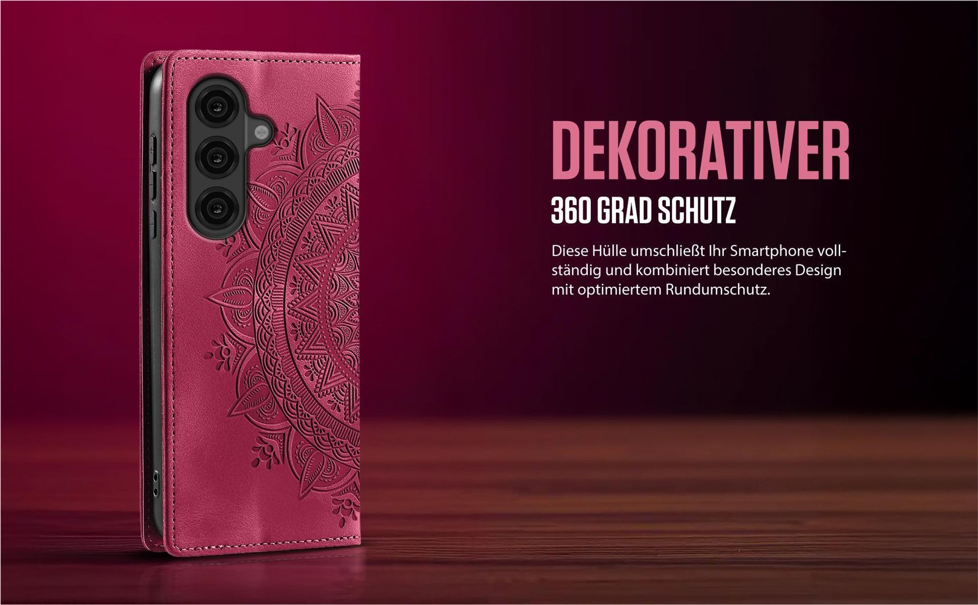 Mandala Design Flipcase in Magenta für Samsung Galaxy S26 mit 360 Grad Schutz