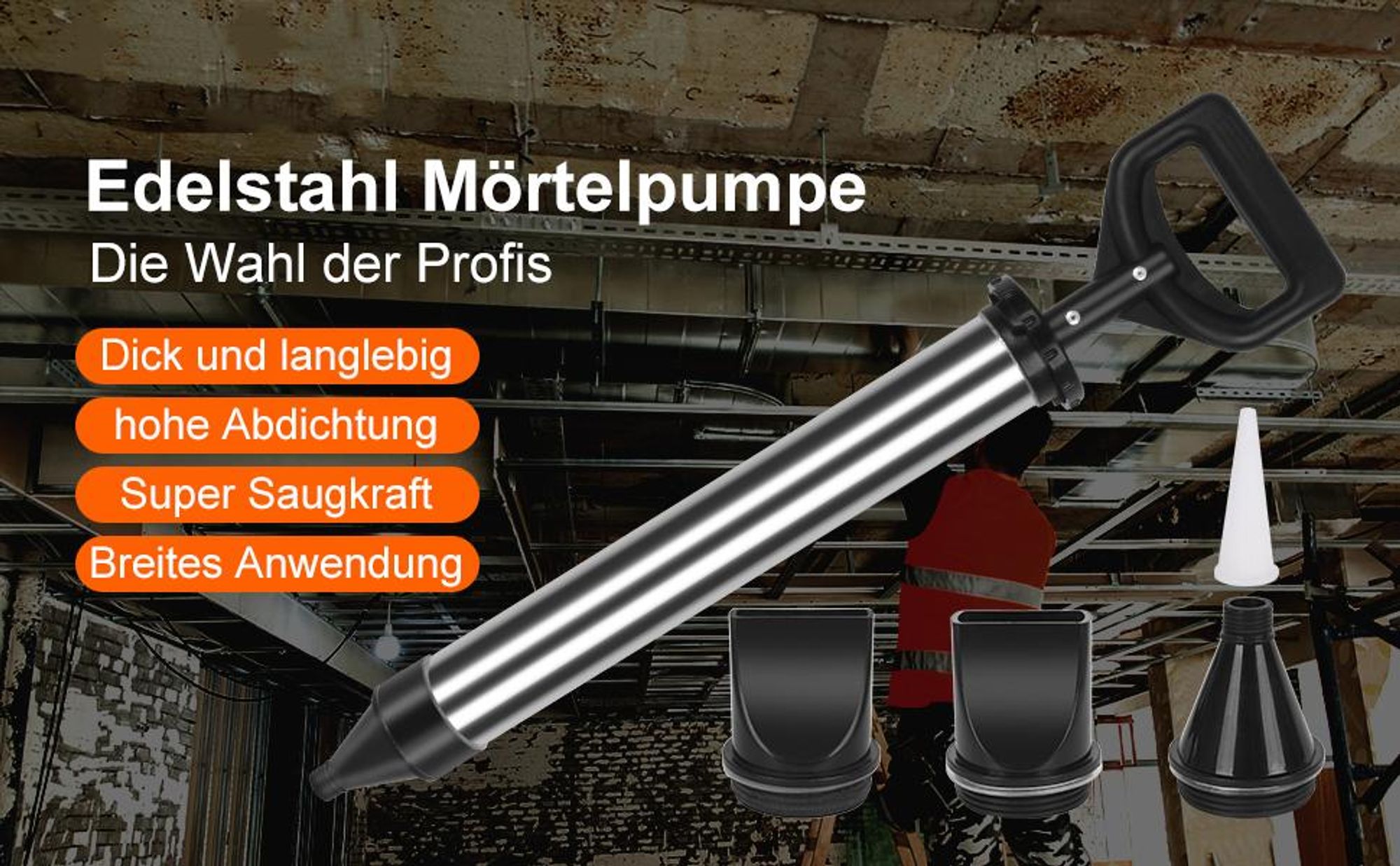Fugenpistole für Mörtel, Edelstahl Mörtelspritze, Mörtelpresse für Fugenmassen Spachtel, Handmörtelpumpe, mit 5 Düsen