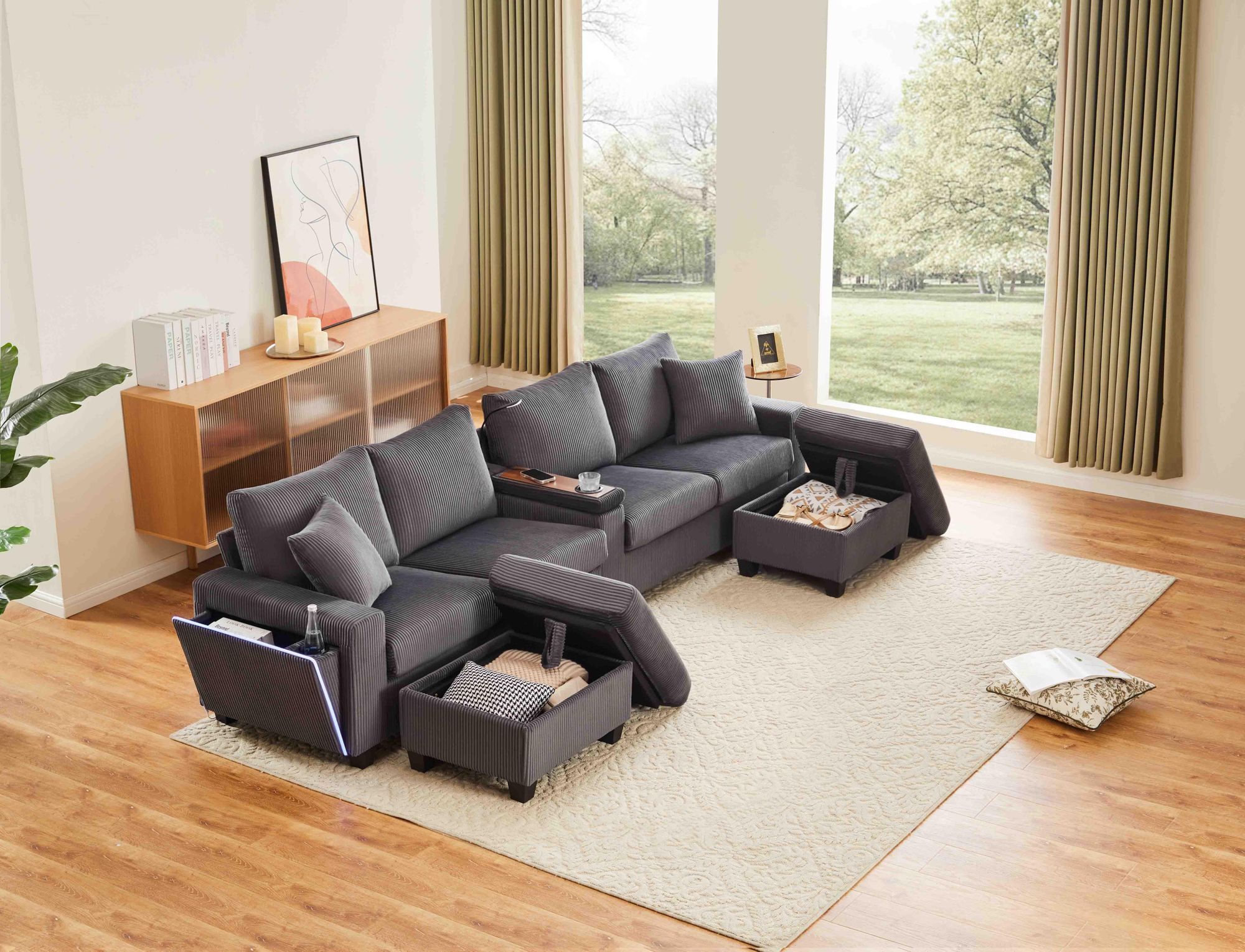 Merax 4-Sitzer Ecksofa U-förmiges, Cord-Sofa mit 2 Hockern, Leselampe, Klappablage, Getränkehalter & USB/Type-C, LED-Beleuchtung, Soffa, Grau