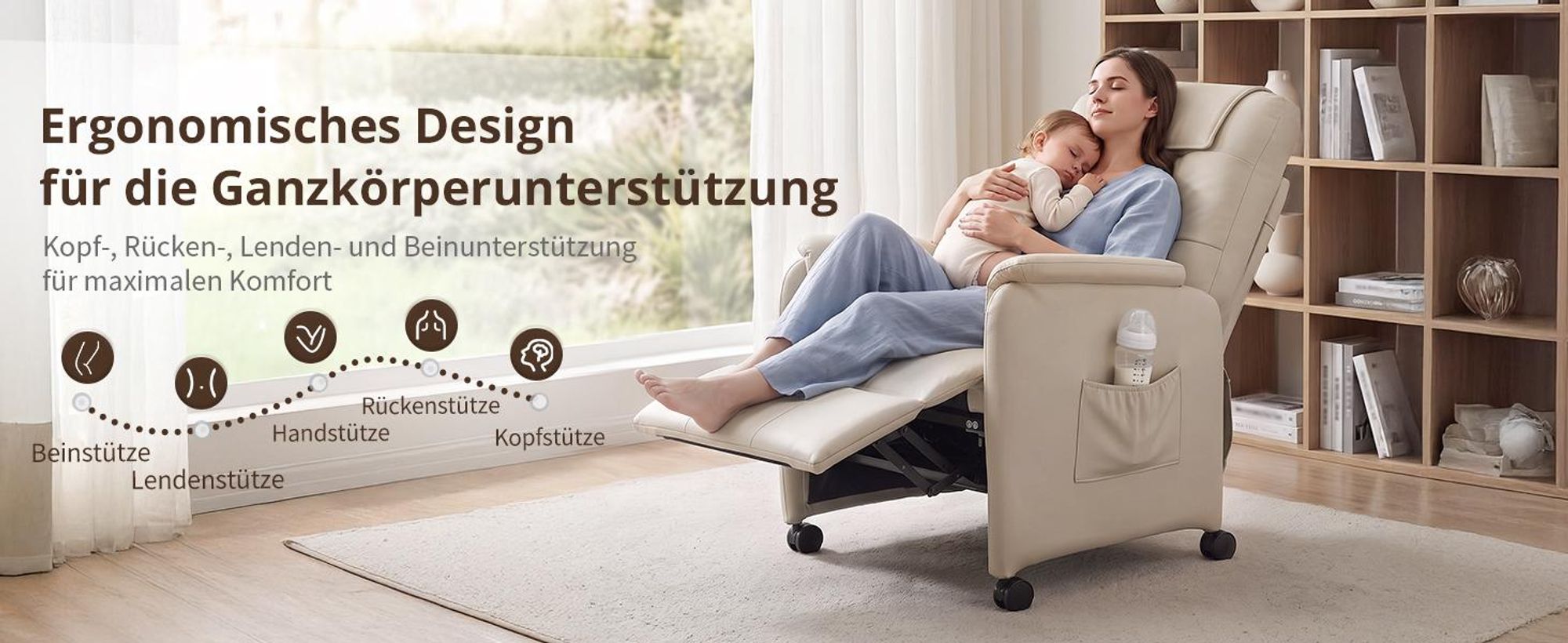 Elektrisch Massagesessel,Fernsehsessel Ruhesessel mit Massagefunktion, Wärmefunktion, 4 Rädern, Cremeweiß