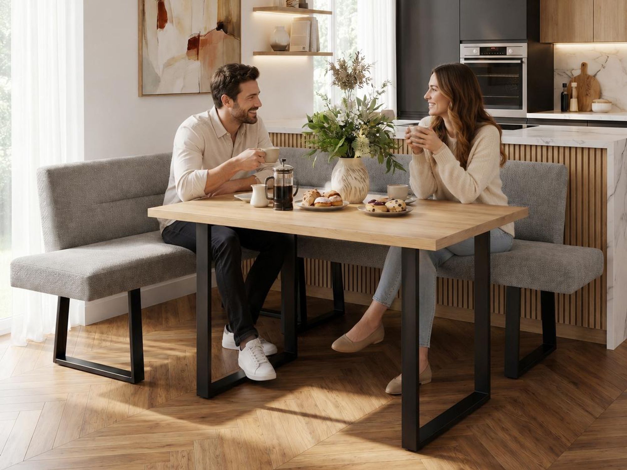 BEAUTYSOFA | Eckbank CRESTO Grau Links, Polsterbank mit Rückenlehne, Eckbank für Esszimmer und Küche, schwarze Metallkufen, moderner Essplatz