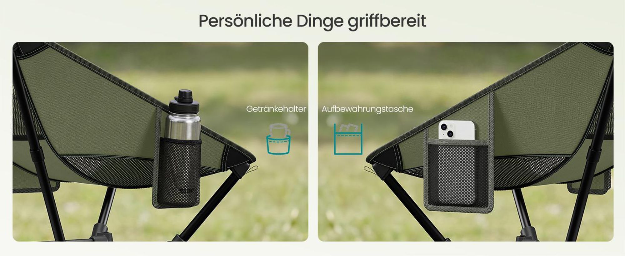 SONGMICS Campingstuhl höhenverstellbar, Klappstuhl mit Stahlrahmen, 2 Aufbewahrungstaschen, Outdoor, grün