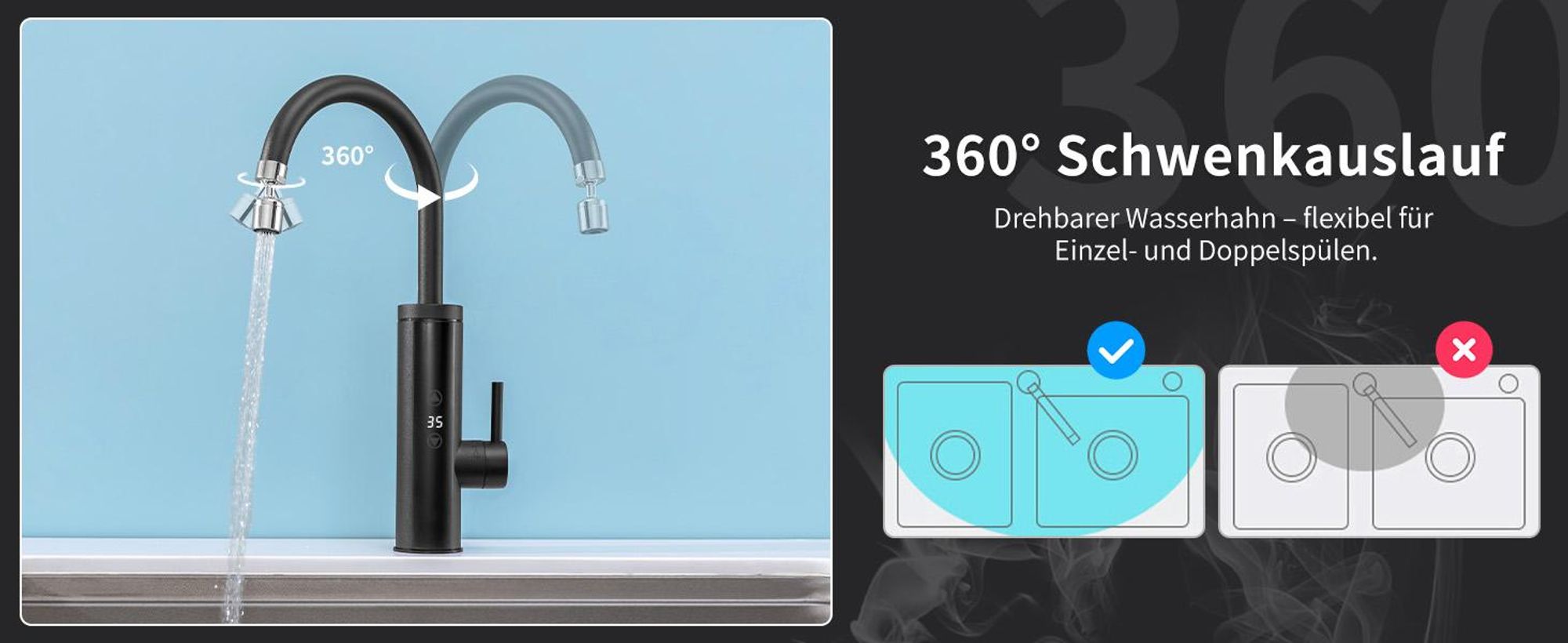 Elektrische Küchenarmatur mit Durchlauferhitzer,  Schwarz Wasserhahn Küche mit LED Temperaturanzeige，Smart Heater Wasserhahn 360° drehbar
