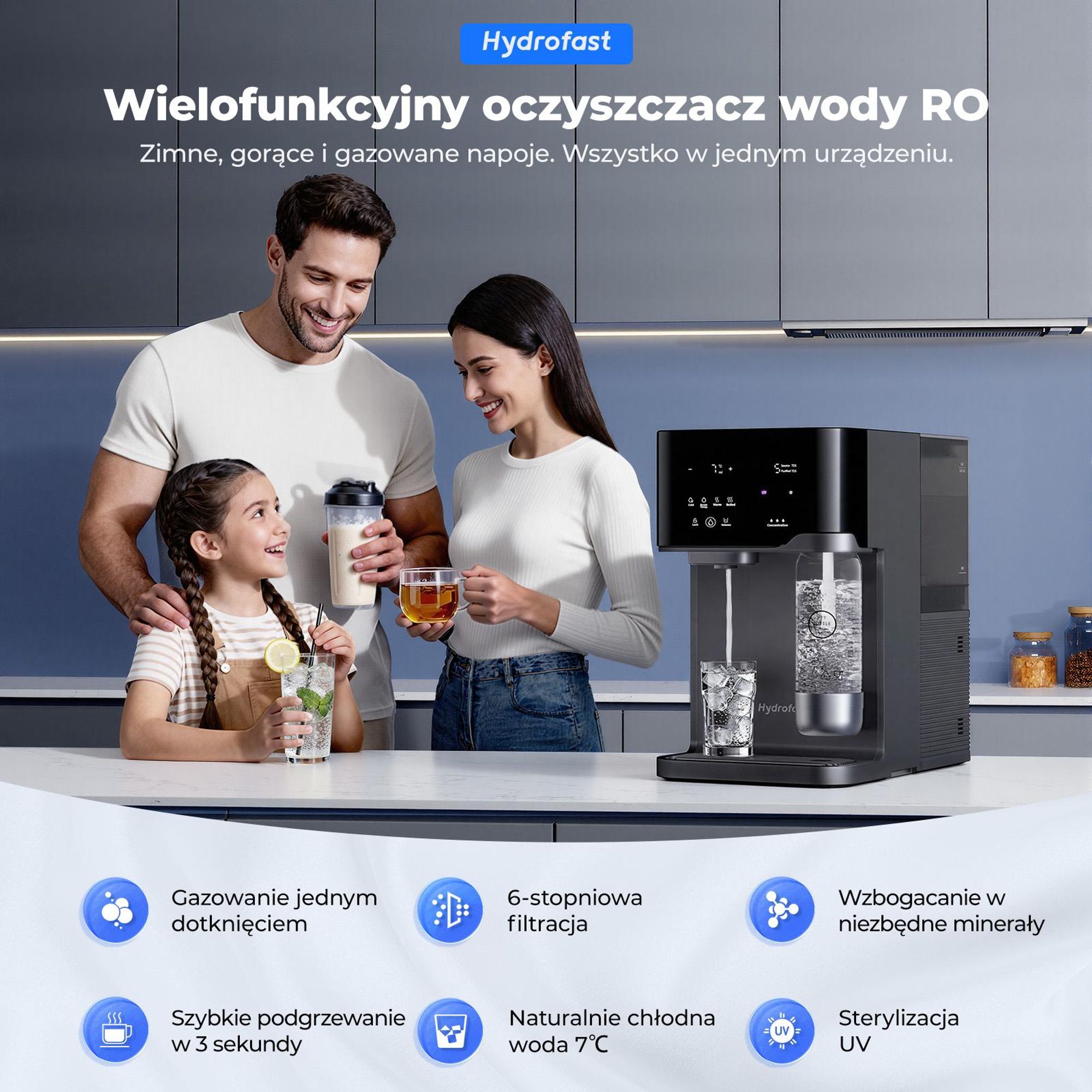 Hydrofast C300 RO – filtr do wody montowany pod blatem, dystrybutor wody z lodem i gazowanej, 6-stopniowa filtracja ze sterylizacją UV, woda z lodem i woda gazowana