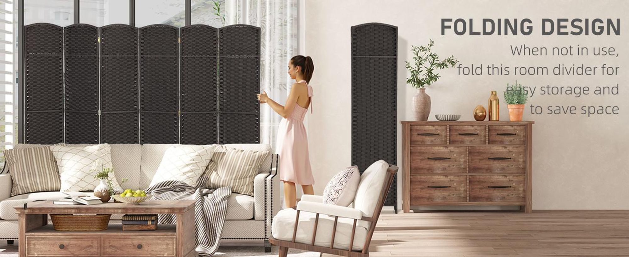 HOMCOM Parawan 6-częściowy 240 x 170 cm Parawan dzielący z drewna sosnowego, brązowy