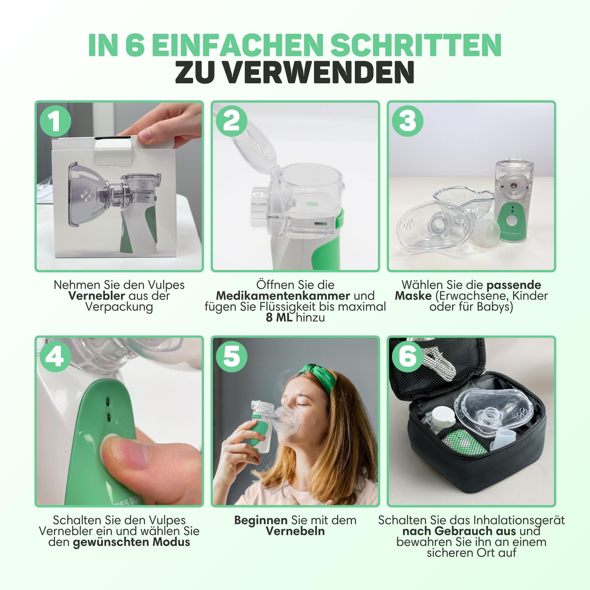 Vulpes Goods Elektryczny inhalator | Poręczne inhalatory dla dorosłych i dzieci | Przenośny inhalator z nebulizatorem W zestawie 3 ustniki i torba pod
