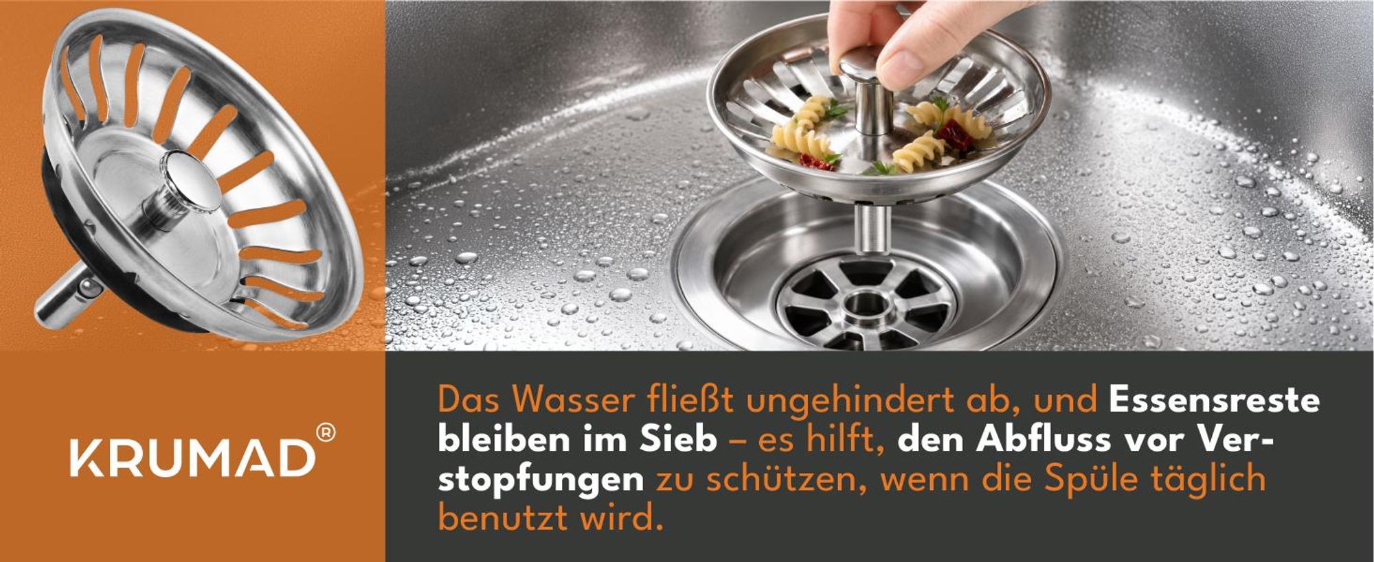 KRUMAD Siebkörbchen, Abflussstopfen mit Sieb 82 mm, Waschbeckenstöpsel aus Edelstahl, Siebkörbchen für Spülbecken, Ablaufstopfen, Spülenstopfen Küche