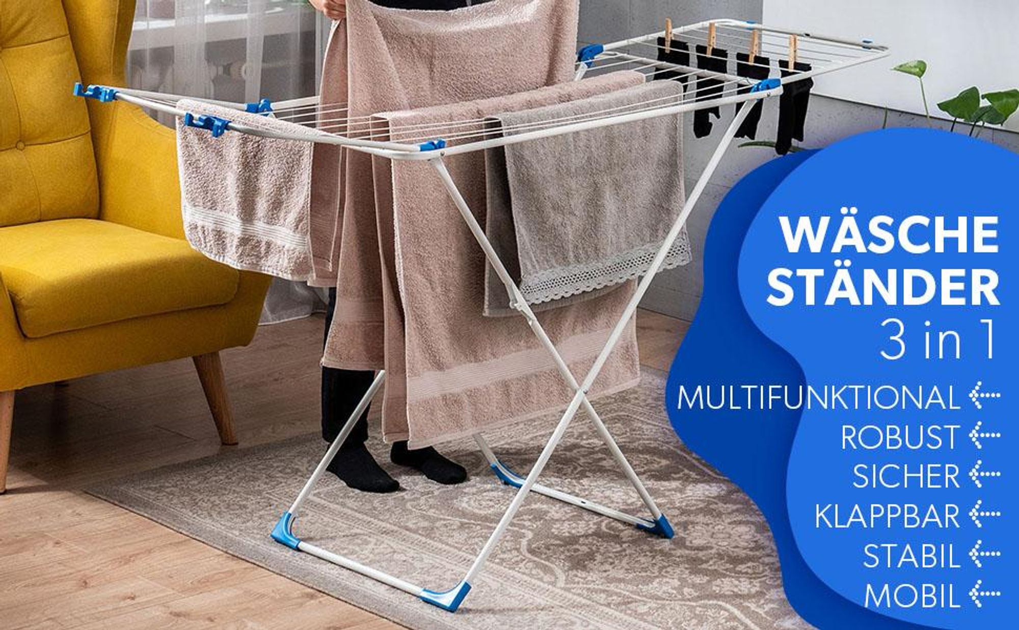 KADAX Wäscheständer ”Sava”, Wäscheständer 3in1, 168 cm, Blau