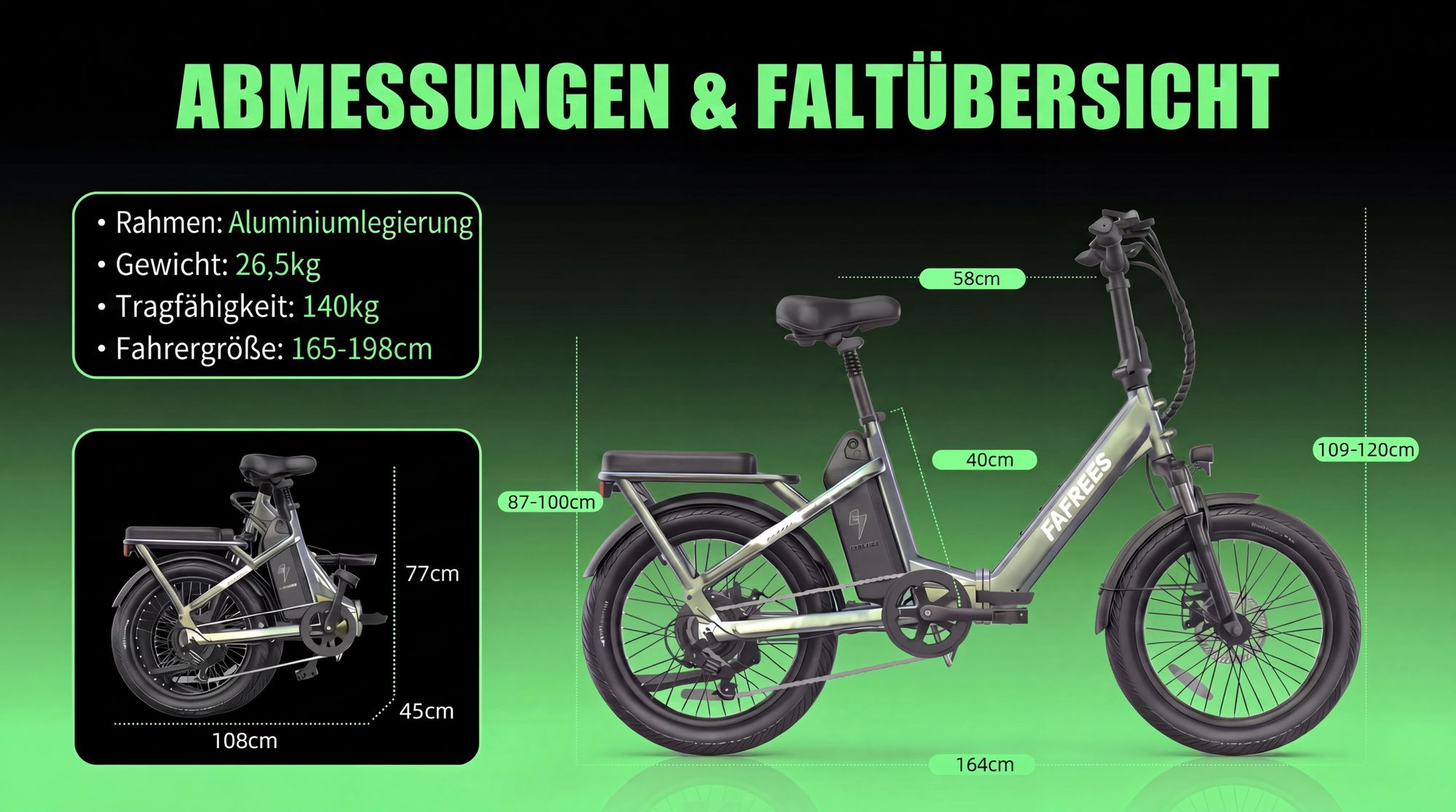 3-fach faltbares Pedelec mit Aluminiumlegierung E-Bike 20 Zoll mit 36V 20Ah Akku bis zu 100 km 7-Gang Shimano, Beige