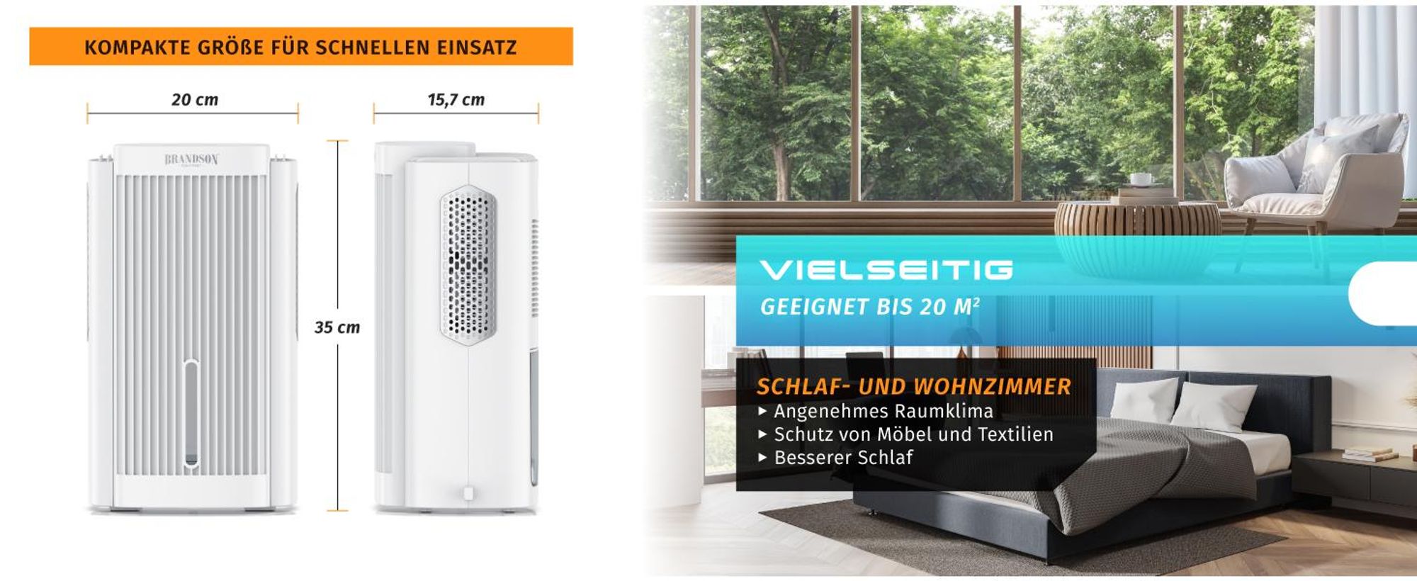 Brandson Luftentfeuchter elektrisch, Raumentfeuchter, klein & leise, Wassertank 2000 ml, für 20 m³ Räume, Entfeuchtung 0,6 l/Tag, Tank 0,6 l, Entfeuchter Peltier Dehumidifier für Wohnung, Badezimmer, Schlafzimmer