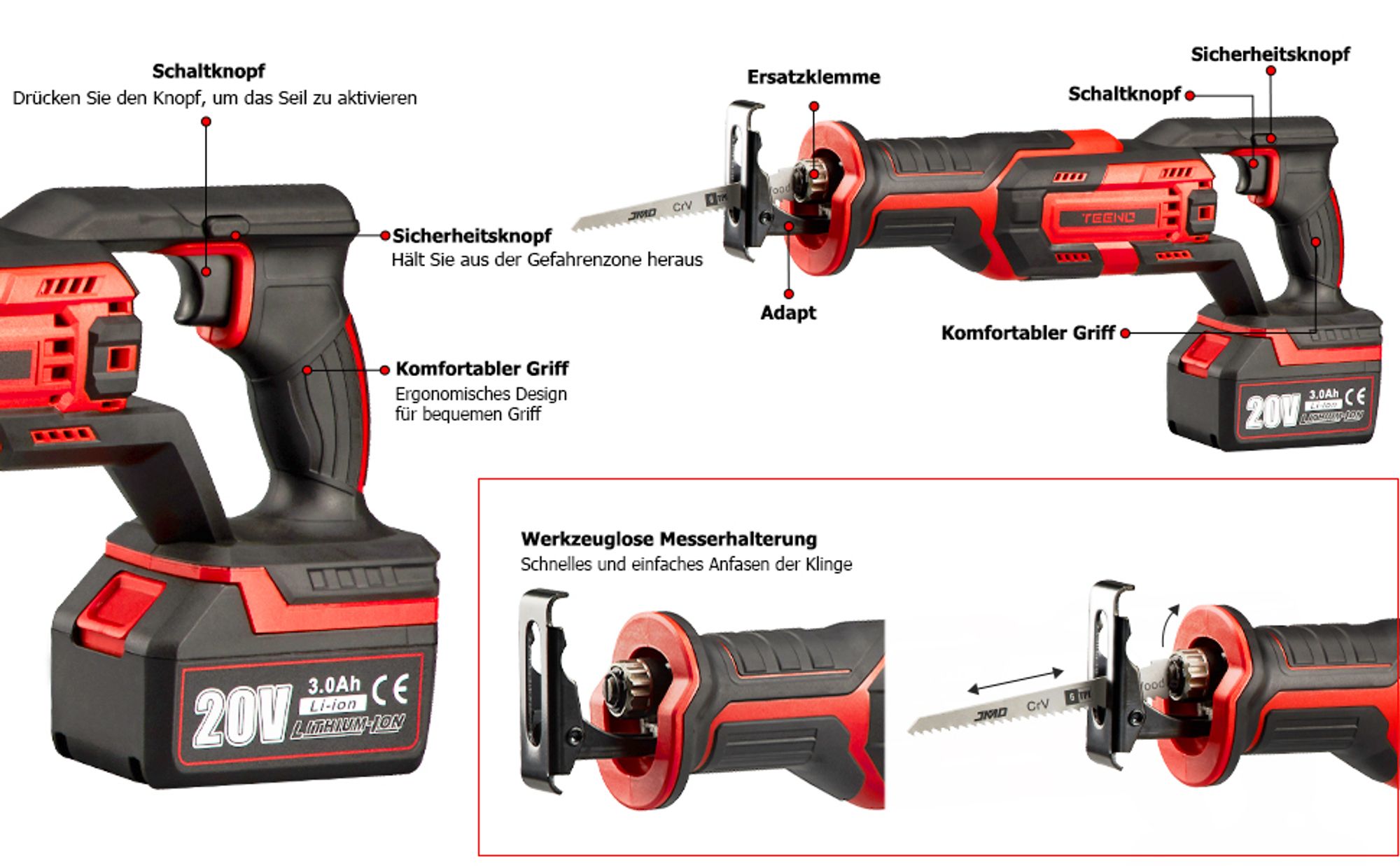 TEENO 20V Akku-Säbelsäge mit 3300 U/min, 40 Min. Laufzeit, inkl. 3,0 Ah Akku, Ladegerät, 5 Sägeblättern und Kunststoff-Tragekoffer