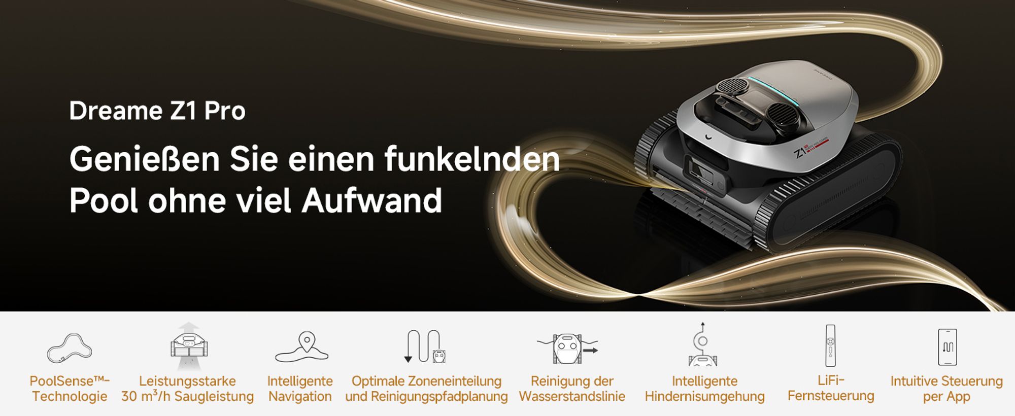 DREAME Poolroboter Z1 Pro, Hightech-Poolerkennung & Pfadplanung, hohe Saugleistung, Poolboden, Wand- & Wasserstandslinienreinigung, für Pools bis 200