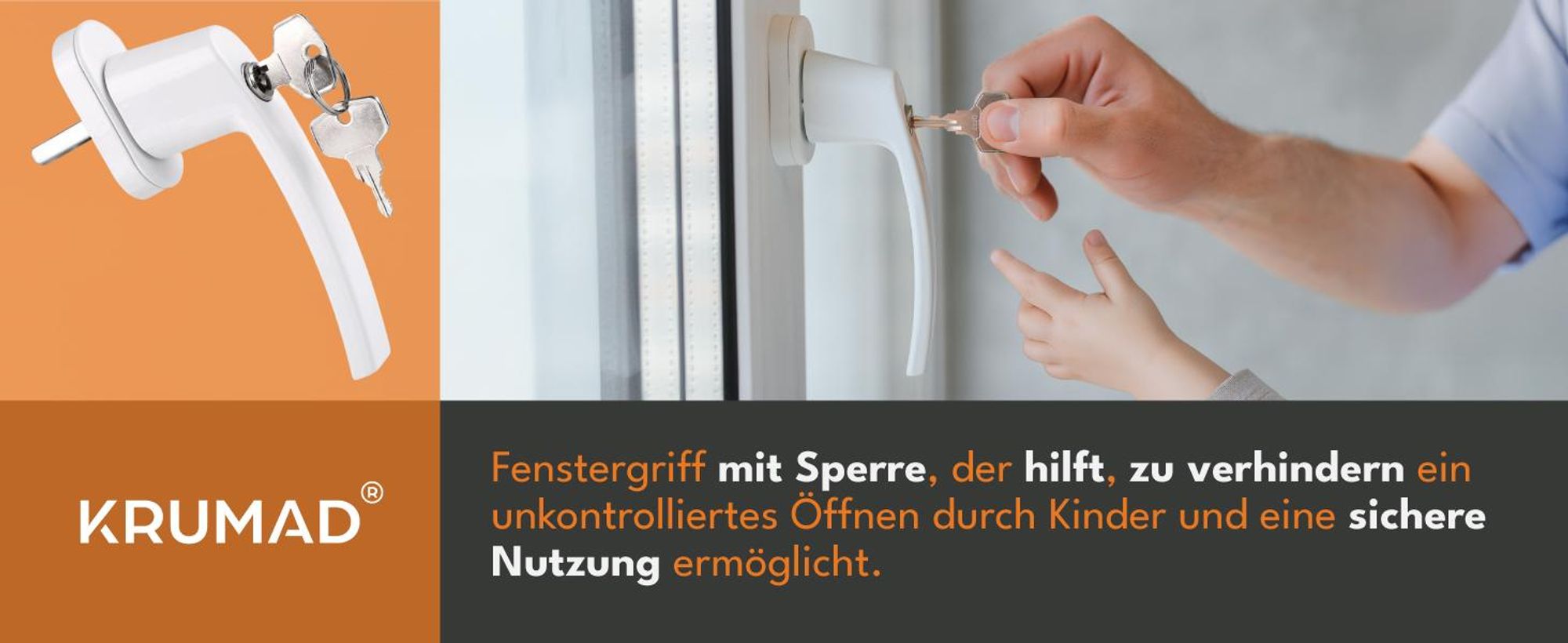 KRUMAD Abschließbarer Fenstergriff Weiß, Aluminium Fenstergriff mit Schlüssel und Druckknopf, Kindersicherung & Einbruchschutz