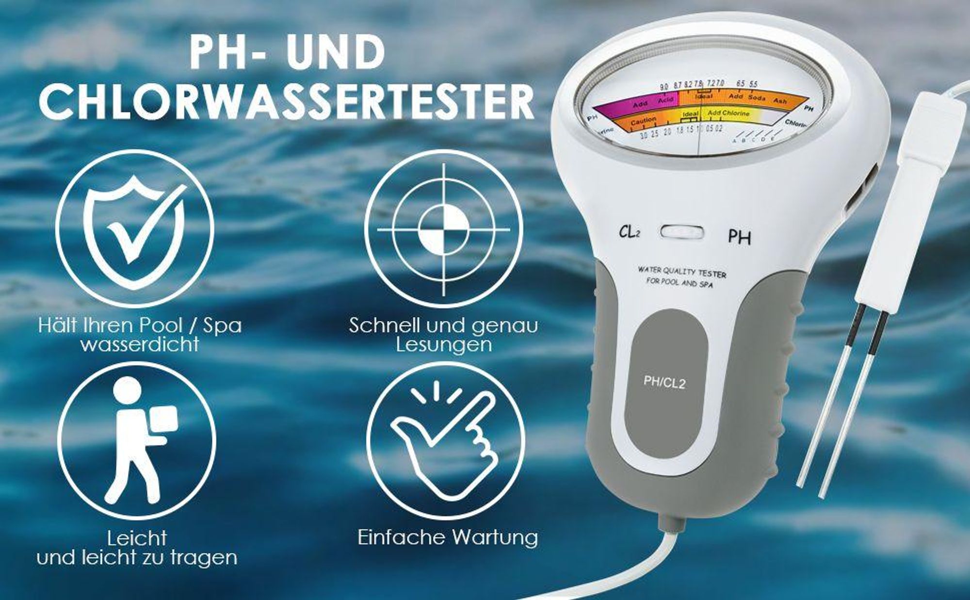 Wasserqualitätstester, Wasser Tester, 2-in-1-Chlor- und pH-Messgerät, Digitales elektronisches Poolwasser-Messgerät,  für Schwimmbad Spa Trinkwasser