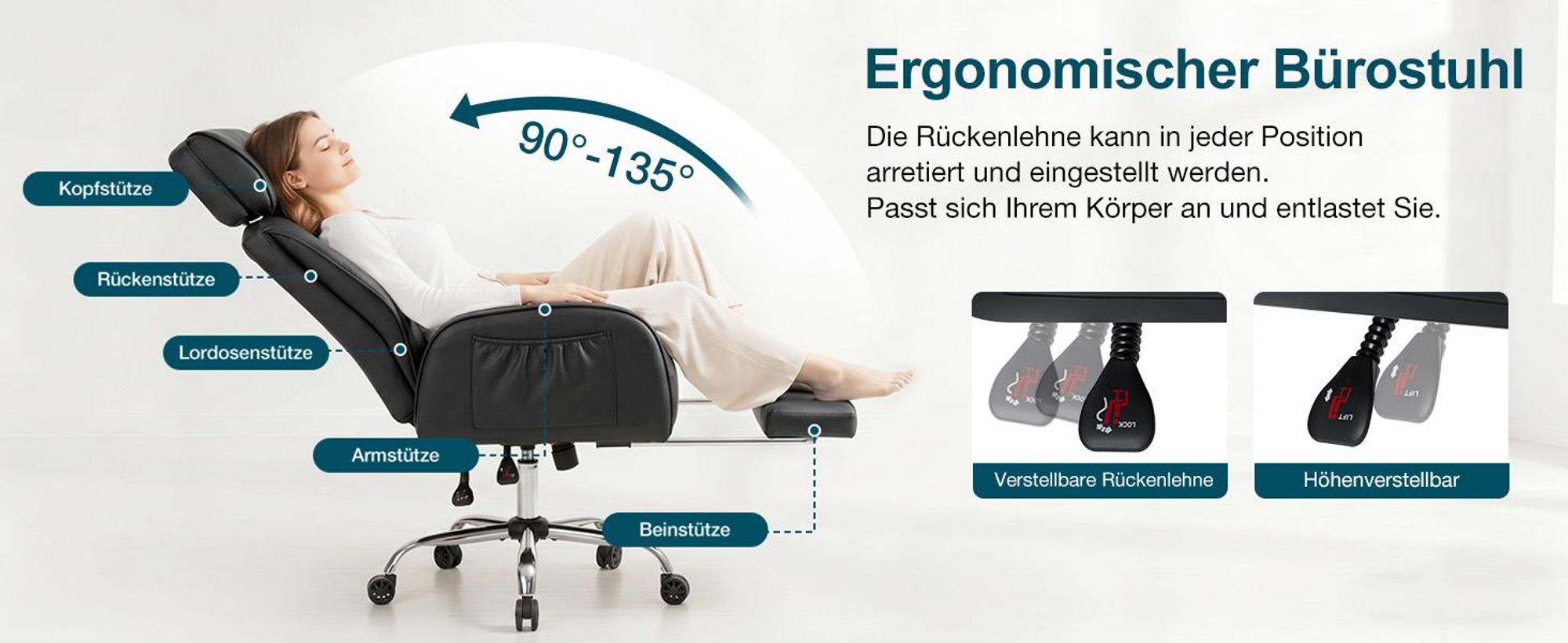 HOFFREE Ergonomischer Bürostuhl mit Rollen, Breiter Sitz, Umklappbare Armlehnen, Fußstütze, Schreibtischstuhl bis 200 kg belastbar, Schwarz