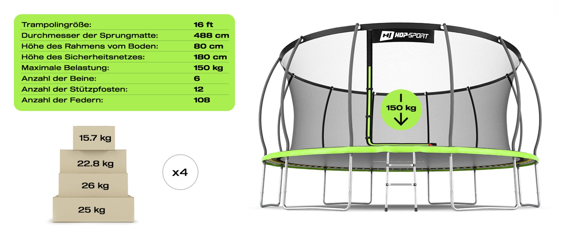 Technische Daten Trampolin Outdoor Kindertrampolin Gartentrampolin 16FT 488cm Hop-Sport