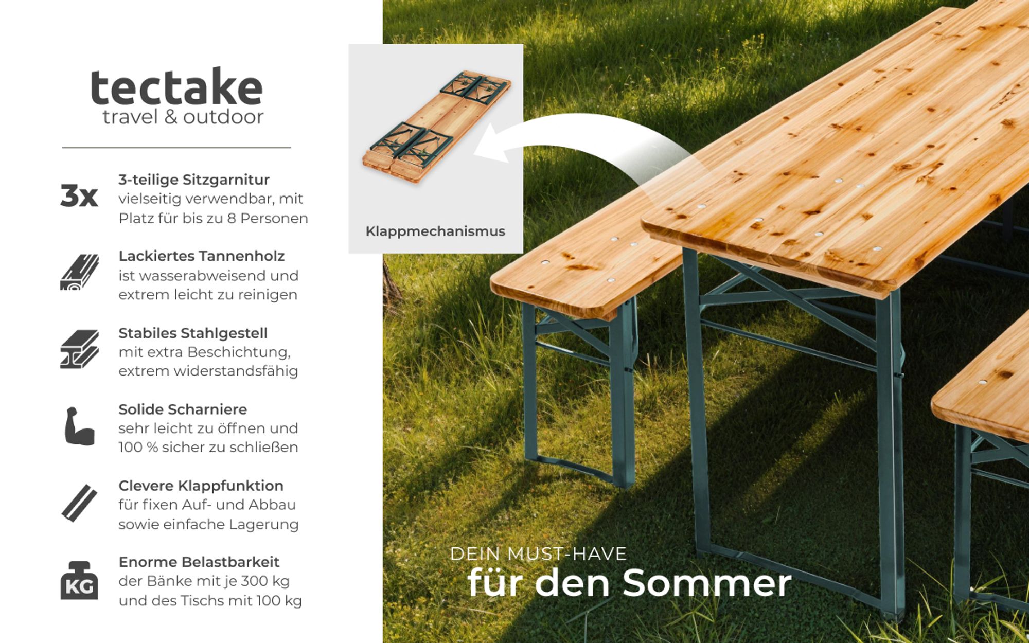 tectake Bierzeltgarnitur 3-teilig Klappbar Tannenholz für 8 Personen