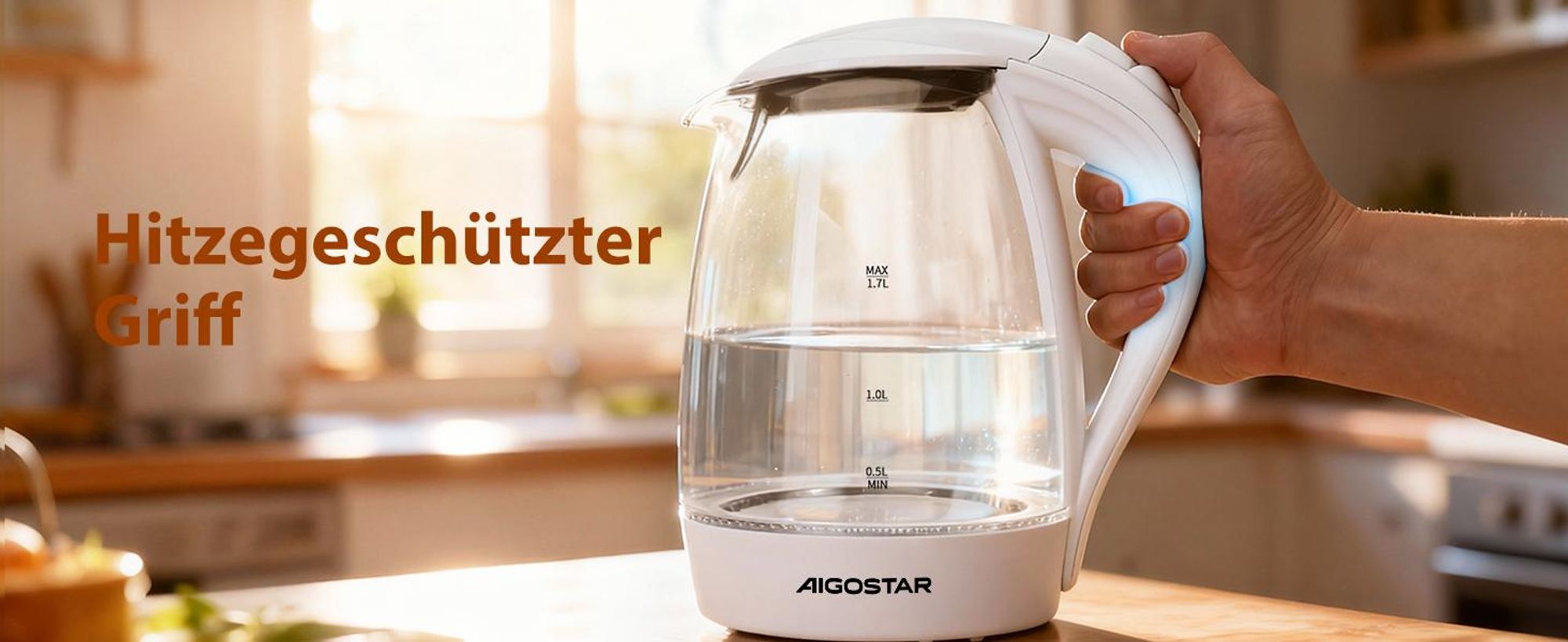 Aigostar Elektrischer Glas Wasserkocher mit LED-Beleuchtung, 2200 Watt, 1,7 Liter, kochtrocknender Schutz, BPA-frei, weiß