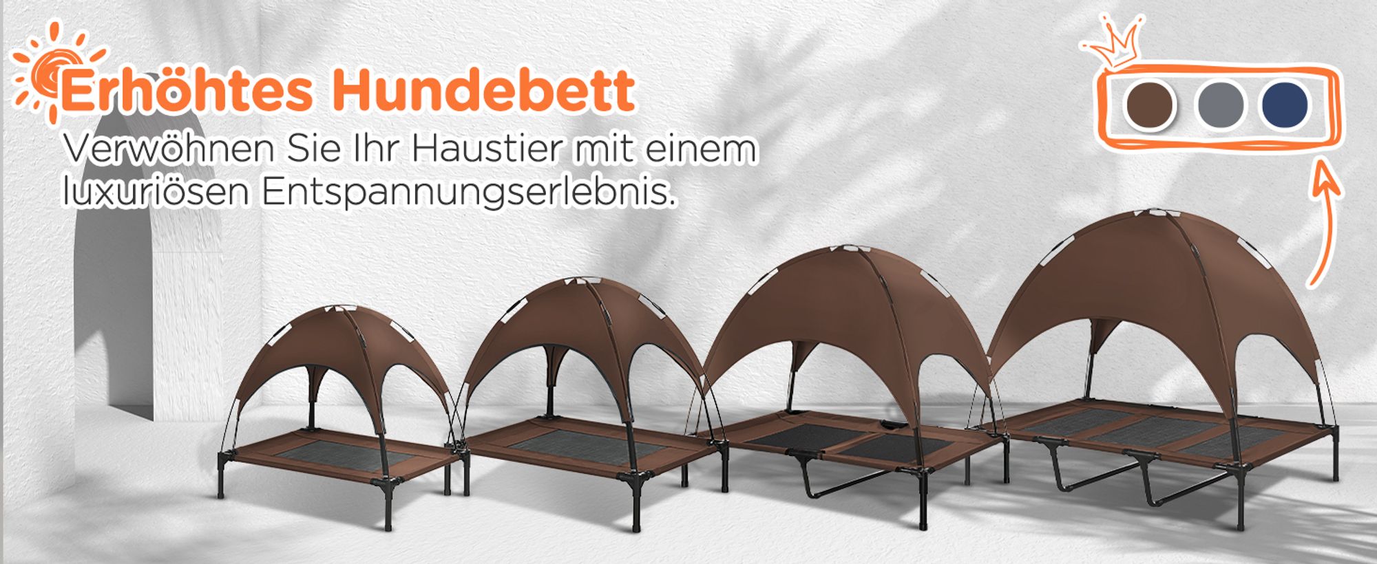 PawHut Erhöhtes Hundebett mit Baldachin, Haustierbett, Hundeliege outdoor mit Dach, Atmungsaktiv, Taftstoff für Camping Kaffee 122 x 92 x 108 cm