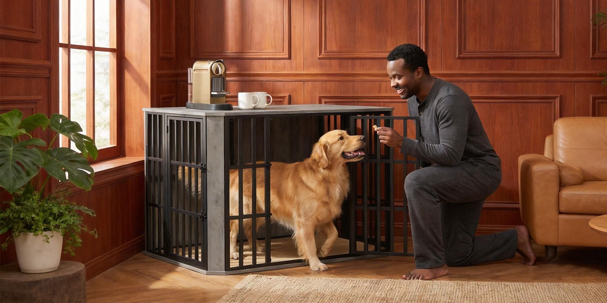 Hundekäfig Möbel, Hundebox Möbel, Mehrtür-Design, Hell Elfenbein | Hundebox aus Holz für den Innenbereich mit Futtertür Oben
