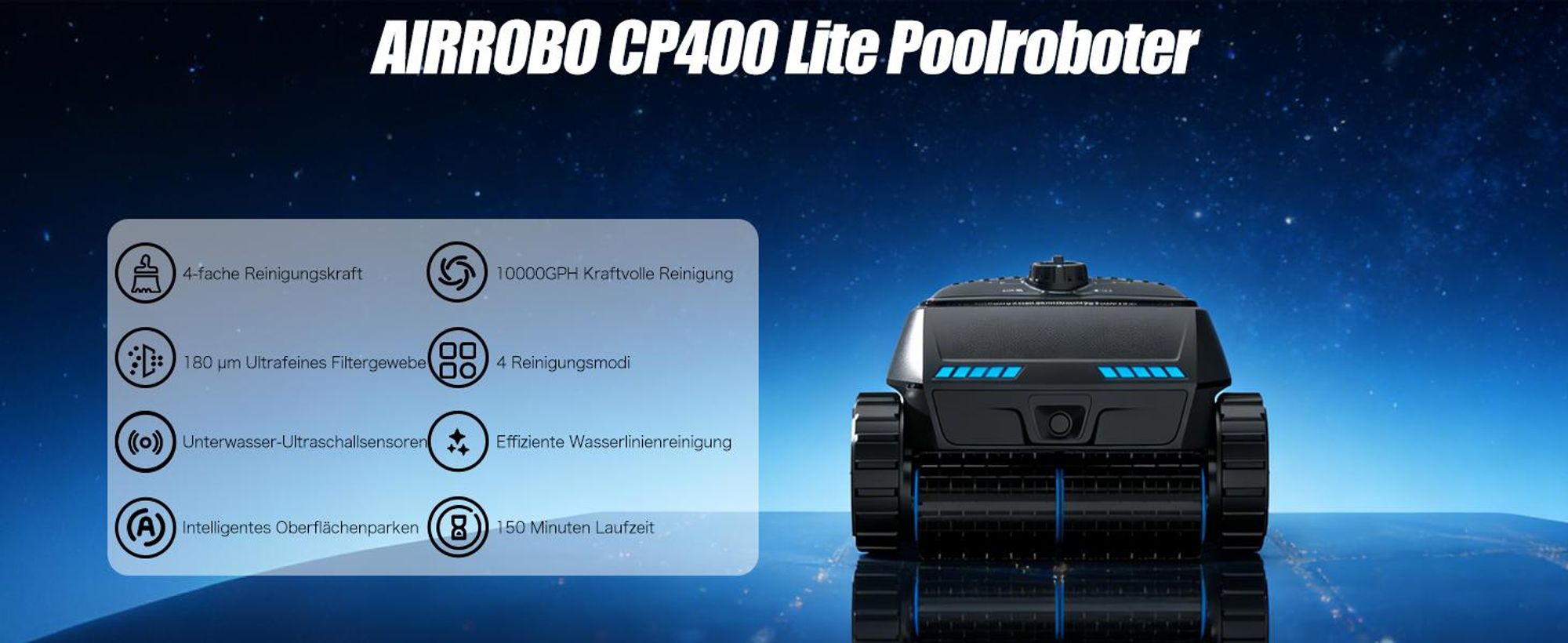 AIRROBO Poolroboter CP400 Lite Roboter-Poolreiniger für Boden/Wand/Wasserlinie, Kabellos Poolsauger, 150min Laufzeit