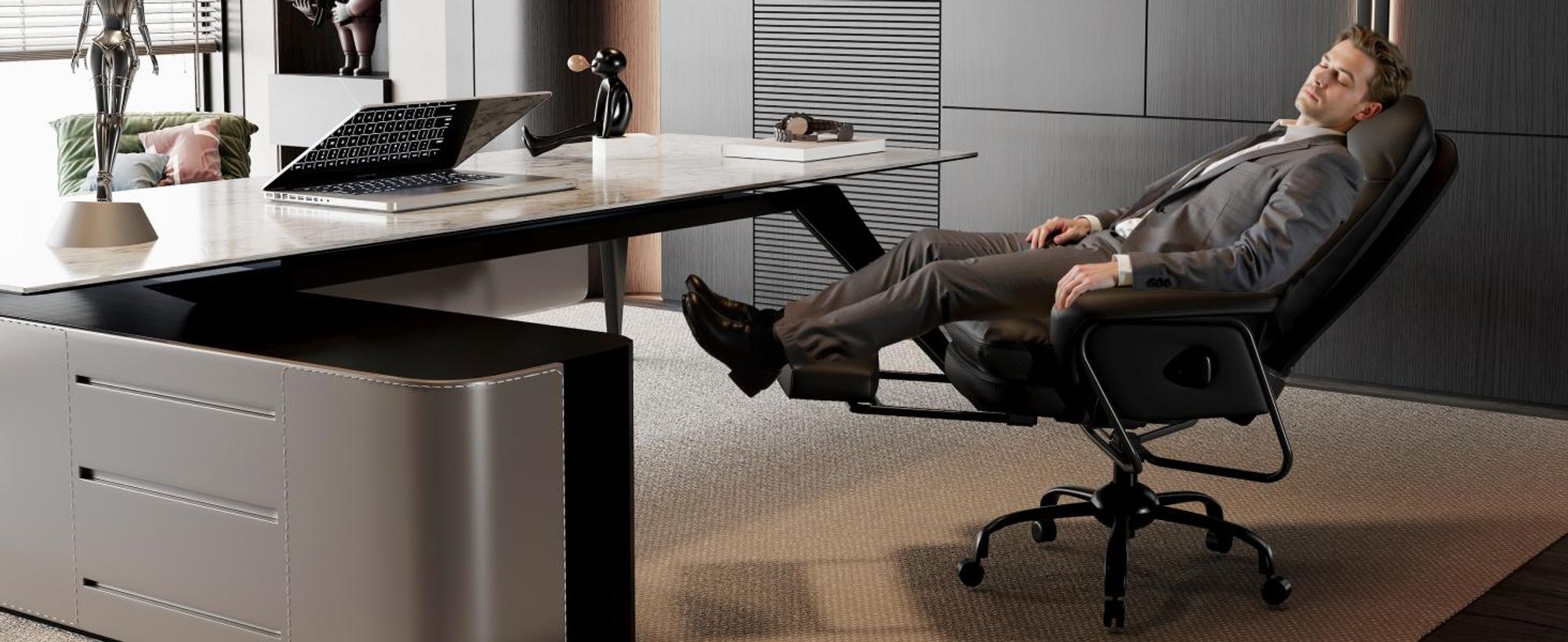 FLEXISPOT 3-in-1 Ergonomischer Bürostuhl mit 165° Liegefunktion, Ausziehbarer Fußstütze, Dickem Komfortpolster und Höhenverstellung (Schwarz)