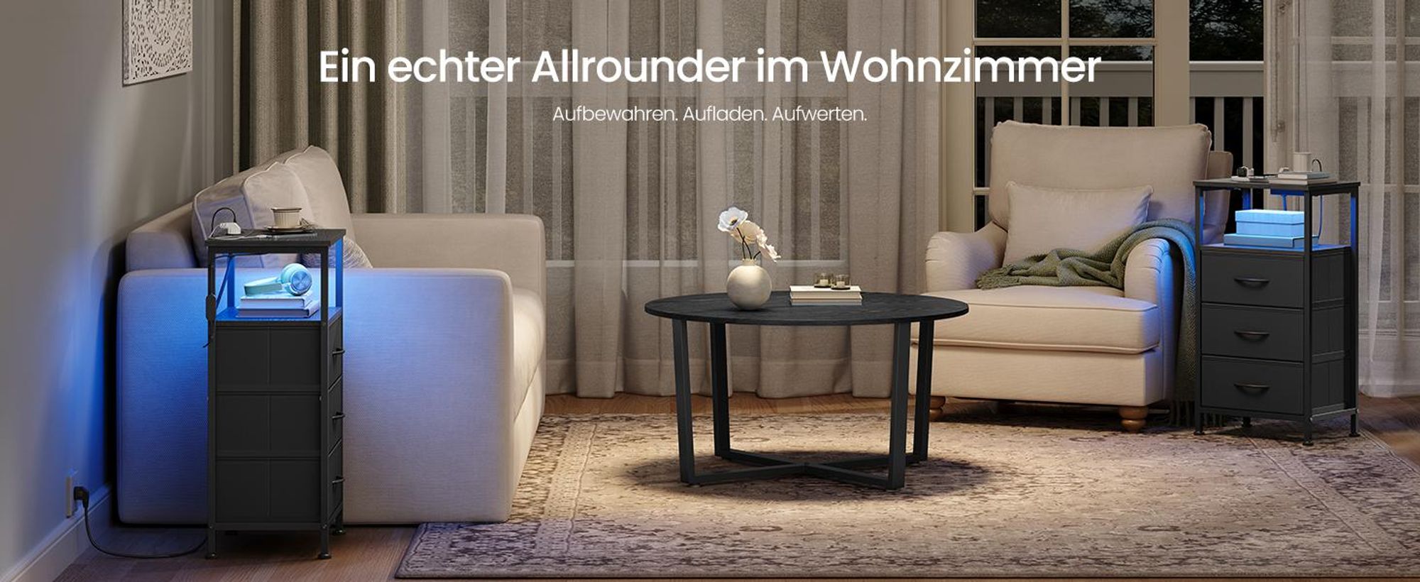 SONGMICS Nachttisch mit LED-Beleuchtung und Ladestation, 2er Set, Nachttisch mit 3 Schubladen und offenem Fach, schwarz