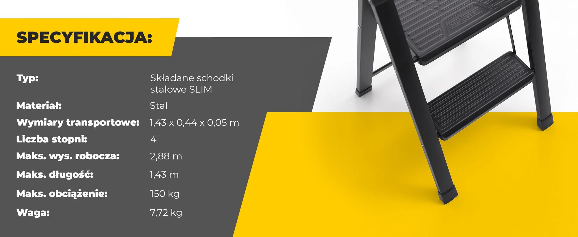 Drabest | Drabina domowa - Slim - stalowa - Schodki warsztatowe - Kolor: czarny - 4 stopnie - Składane - Maksymalne obciążenie: 150 kg