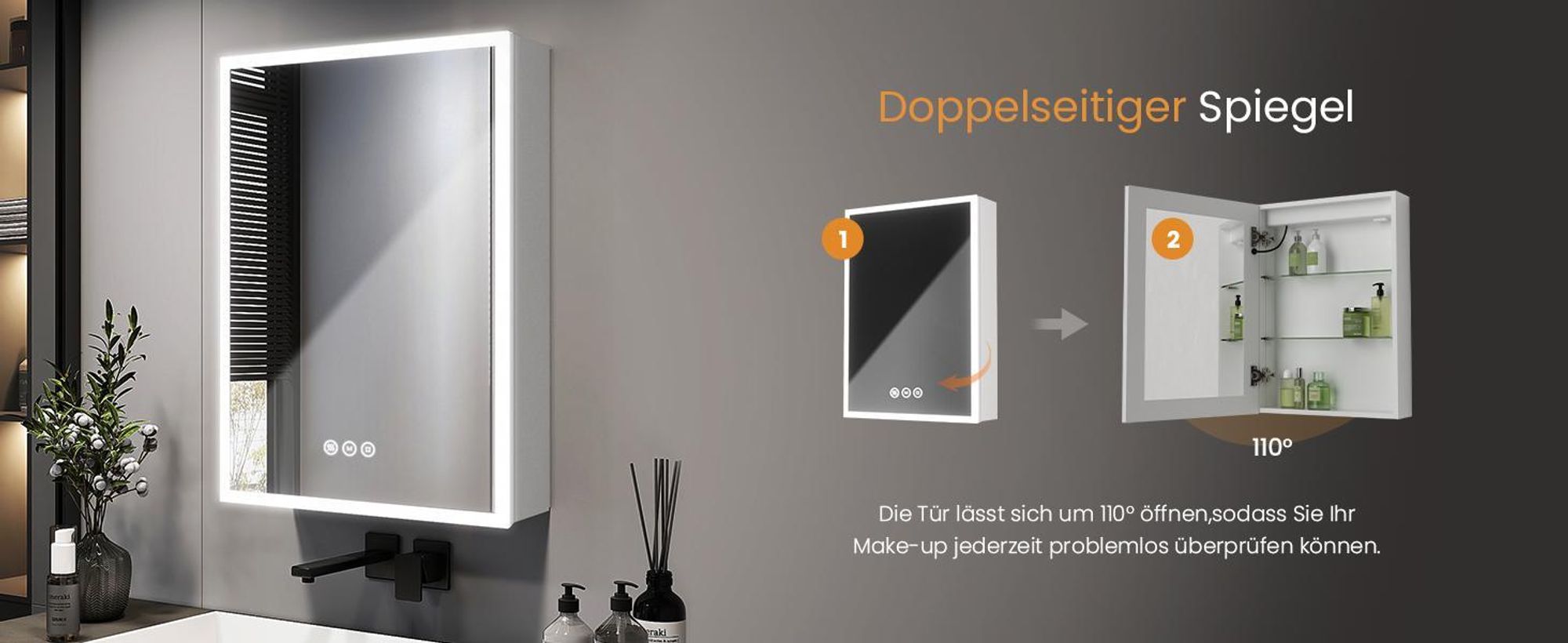 EMKE Spiegelschrank mit Beleuchtung 145 x 500 x 700 mm LED Spiegelschrank mit beschlagfrei und Steckdose, 3-Farbiger dimmbarer - 1 Tür Badschrank