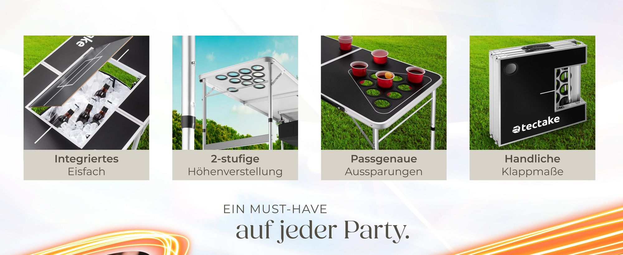 tectake® Aluminium Bierpongtisch Beer Ball Blitz mit Eisfach, klappbar inklusive 100 Bechern und 6 Bällen