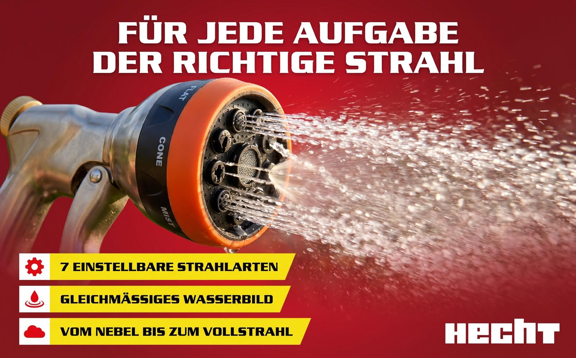 HECHT 02096 Gartenbrause Handbrause | 6 Sprühmuster | Rostfrei | 60 mm Durchmesser