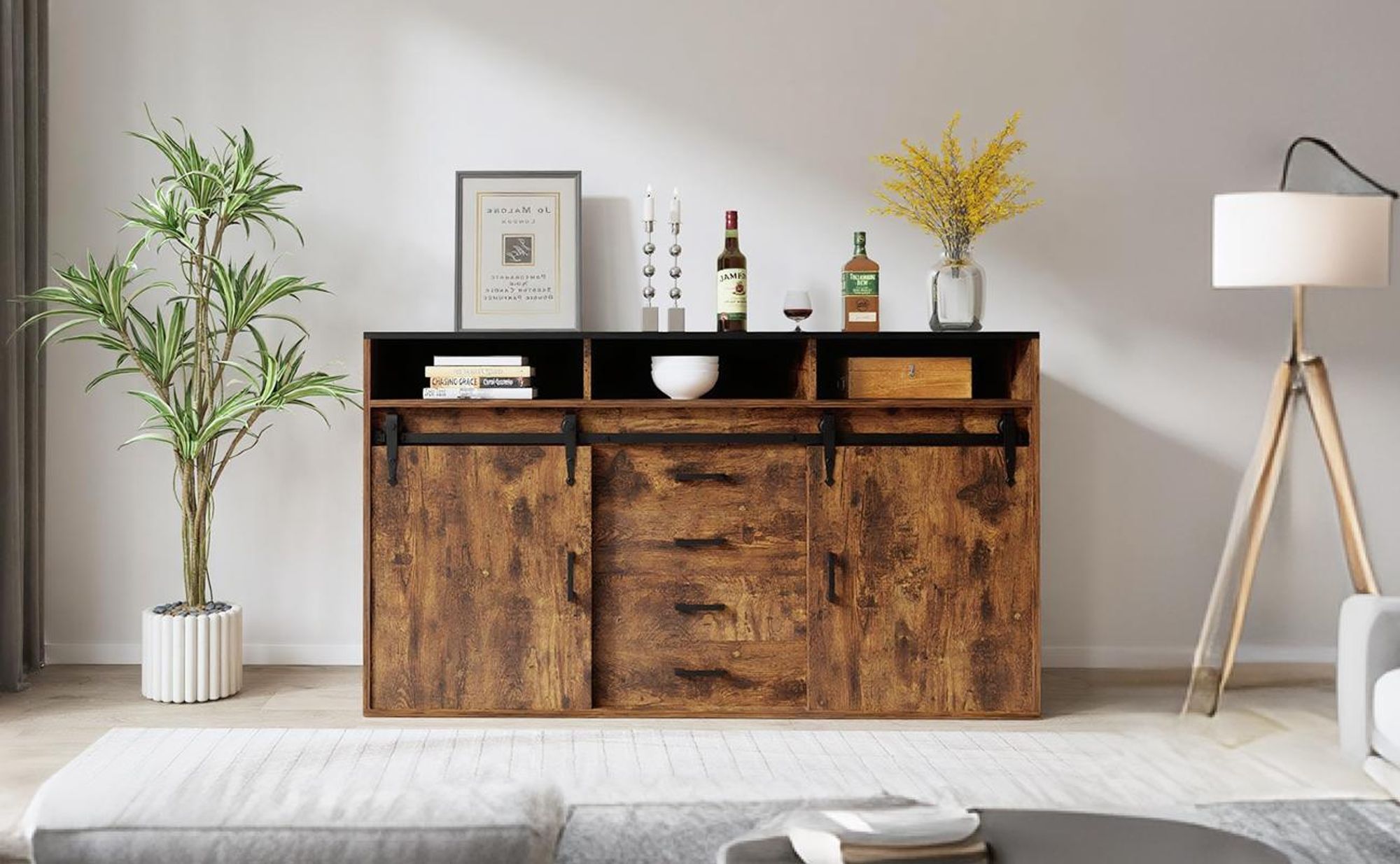 HOMAVO HG1-L Sideboard – 4 Schubladen, 2 Schiebetüren, 2 offene Fächer, pflegeleichte Melaminoberfläche,Holz, ideal für Wohnzimmer & Esszimmer