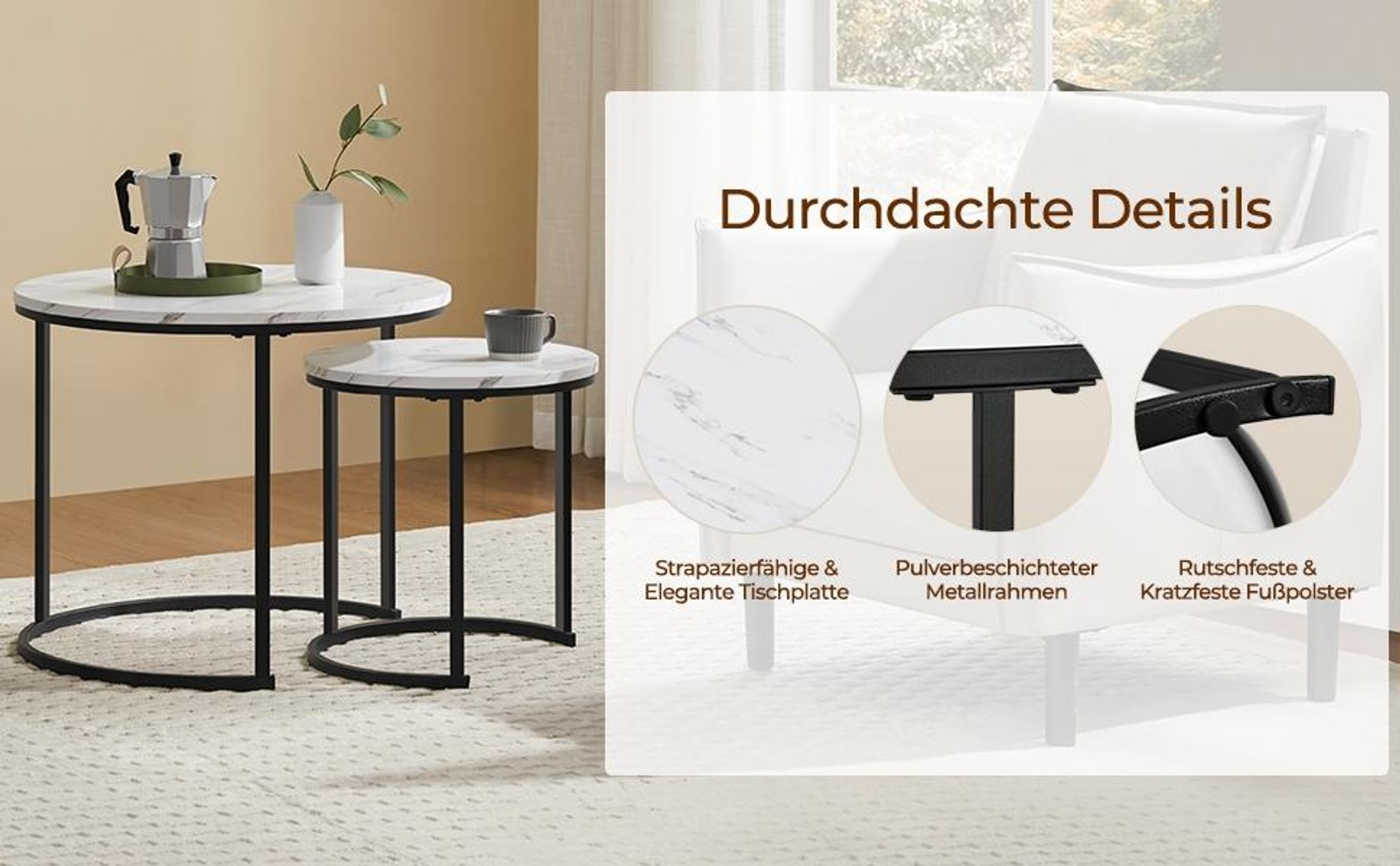 Yaheetech Couchtisch 2er Set, runder Beistelltisch Set, Sofatisch mit Metallgestell, Satztische für Wohnzimmer Schlafzimmer, Weiß