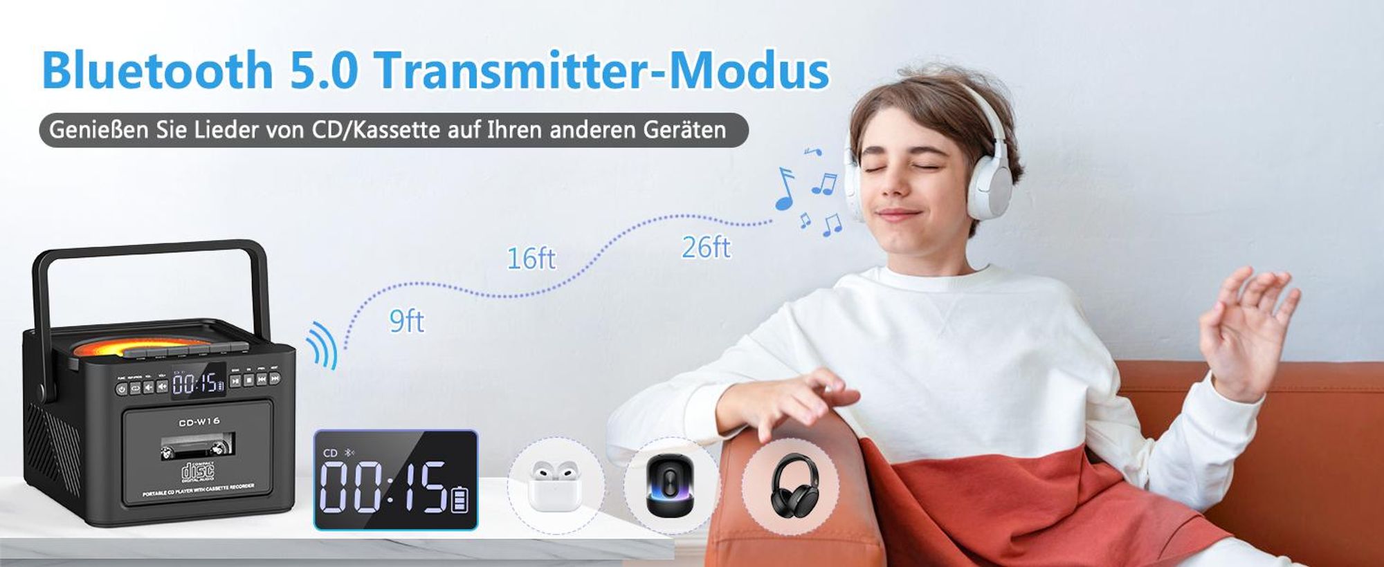 CD Player, Tragbar CD-Player, 5W Bluetooth Lautsprecher, Kassettenspieler mit UKW Radio, 5000mAh wiederaufladbare Akku, Fernbedienung, AUX/USB/SD