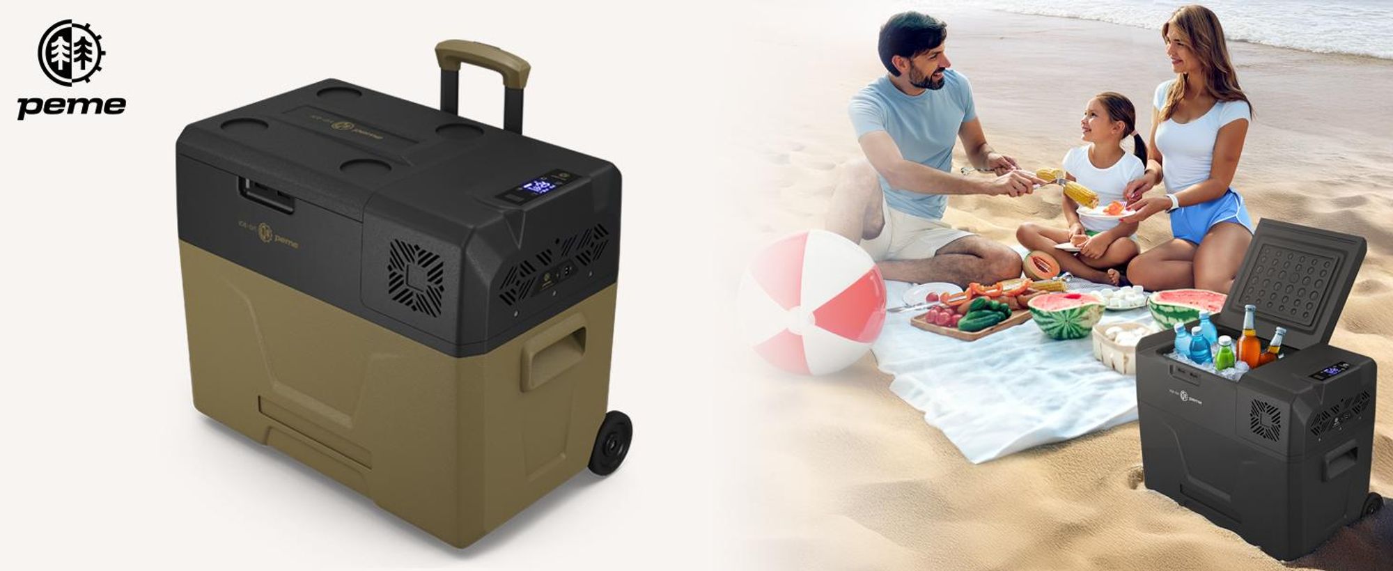 Lodówka turystyczna PEME Expedition z kompresorem, 39 l – Sand Storm, lodówka samochodowa, zamrażarka elektryczna, do ciężarówek i samochodów osobowych, na kółkach, -20°C, solidna konstrukcja