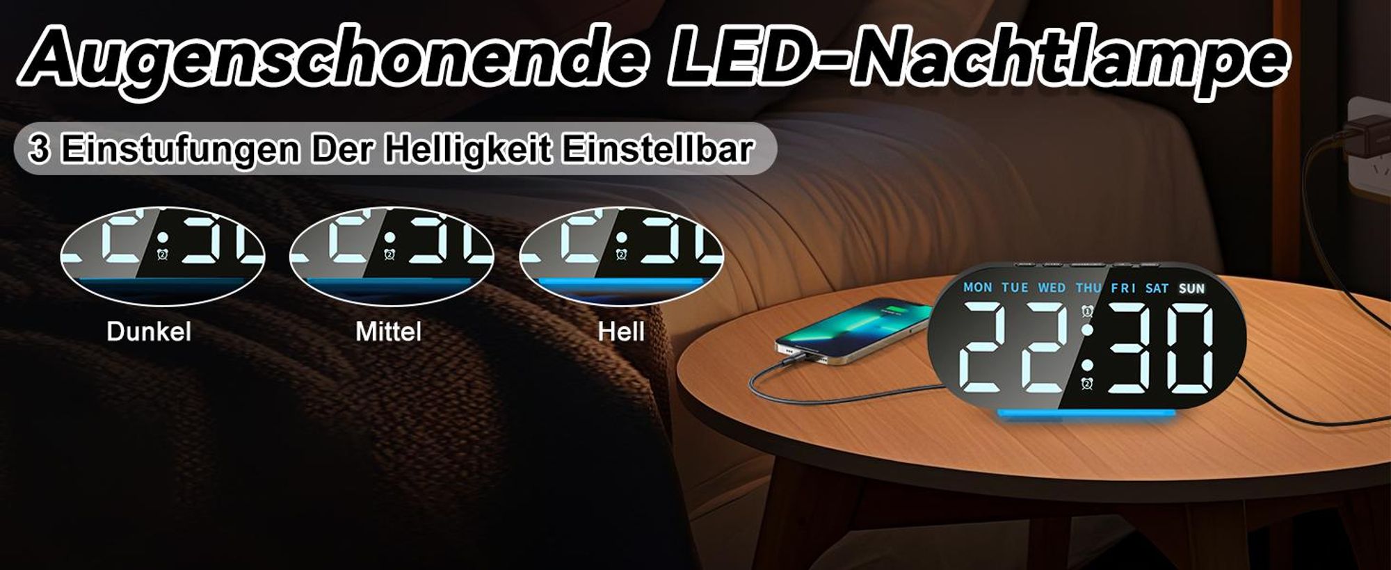 Digitaler Wecker, LED Wecker, Digitalwecker, Doppelwecker, Nachtlicht, Einstellbarer Helligkeit, USB oder Batteriebetrieb