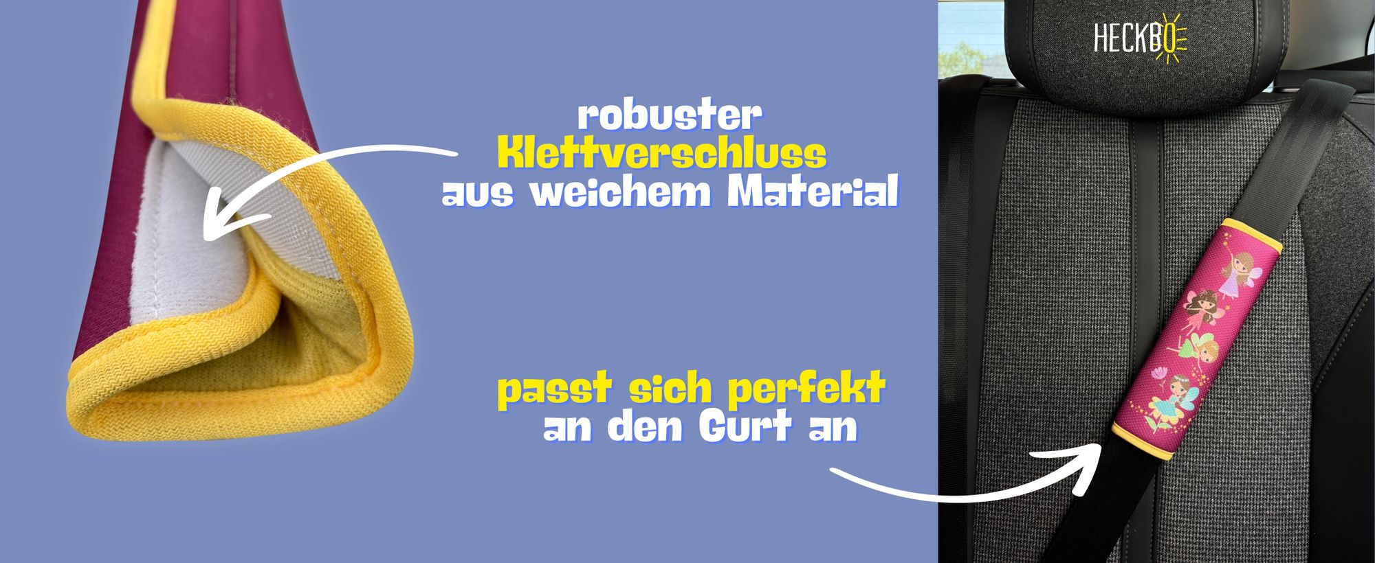 2x HECKBO Kinder Auto Gurtpolster Gurtschutz mit Fee Feen Motiv - Mädchen Sicherheitsgurt Polster für Kinder und Babys- Ideal für jeden Gurt Autositzerhöhungen Kinder Fahrradanhänger Fahrrad