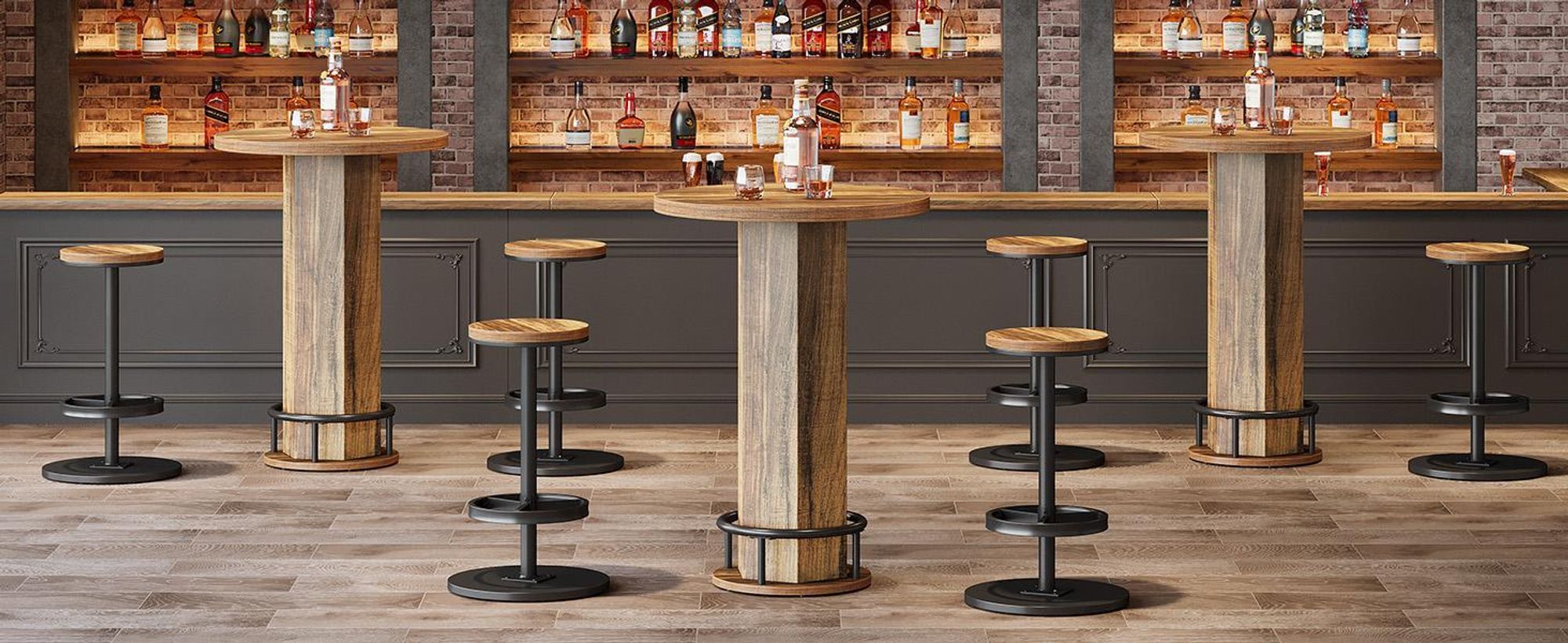 Tribesigns table de bar ronde avec chaises, set de bistrot industriel avec 2 tabourets de bar, table haute avec repose-pieds en anneau métallique coin cuisine, petite pièce