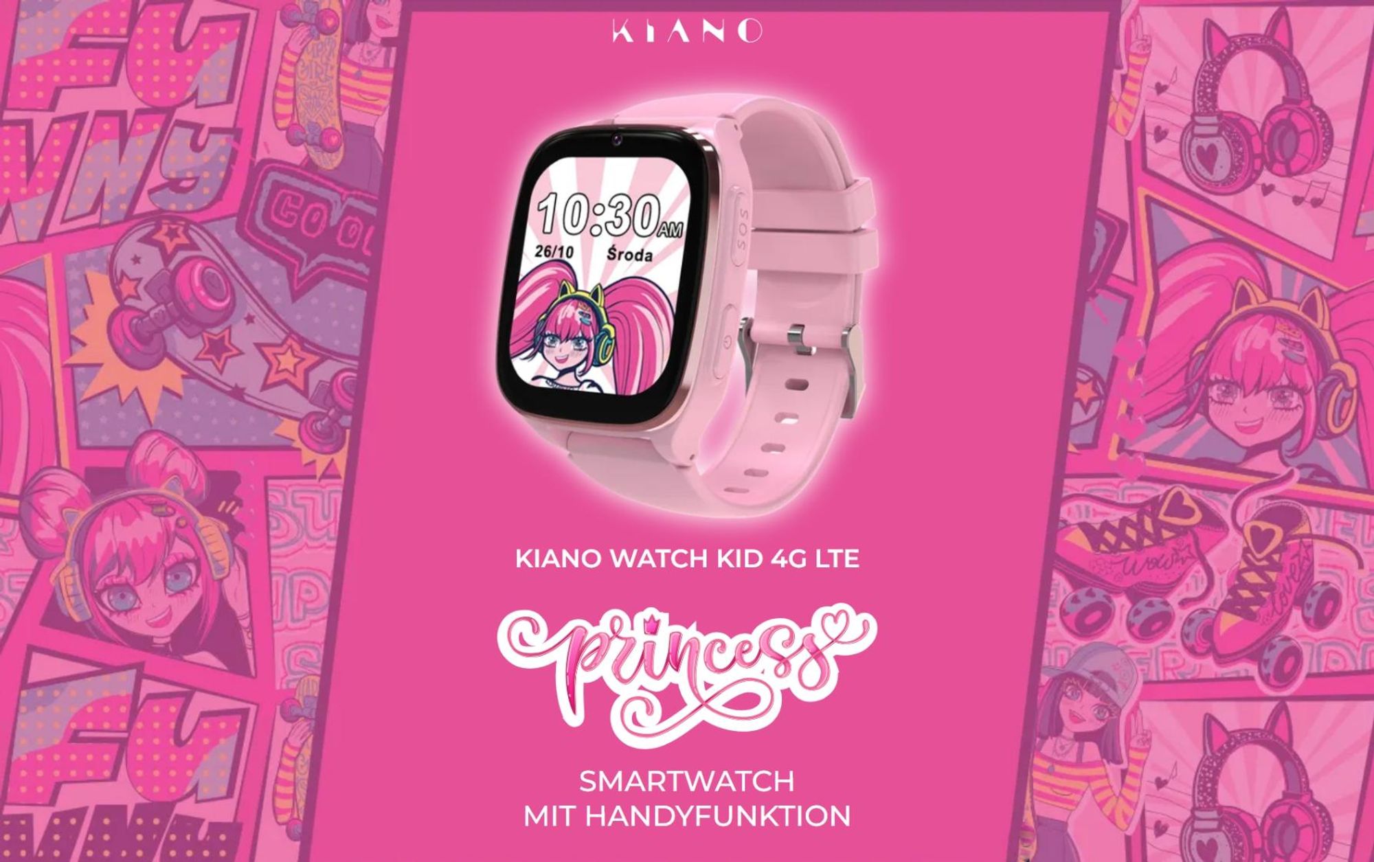 Smartwatch Kiano Watch KID 4G LTE Princess - Kinderuhr mit rosa Armband | Uhr mit Zifferblatt mit Märchenmotiven | GPS, AGPS, LBS, WIFI