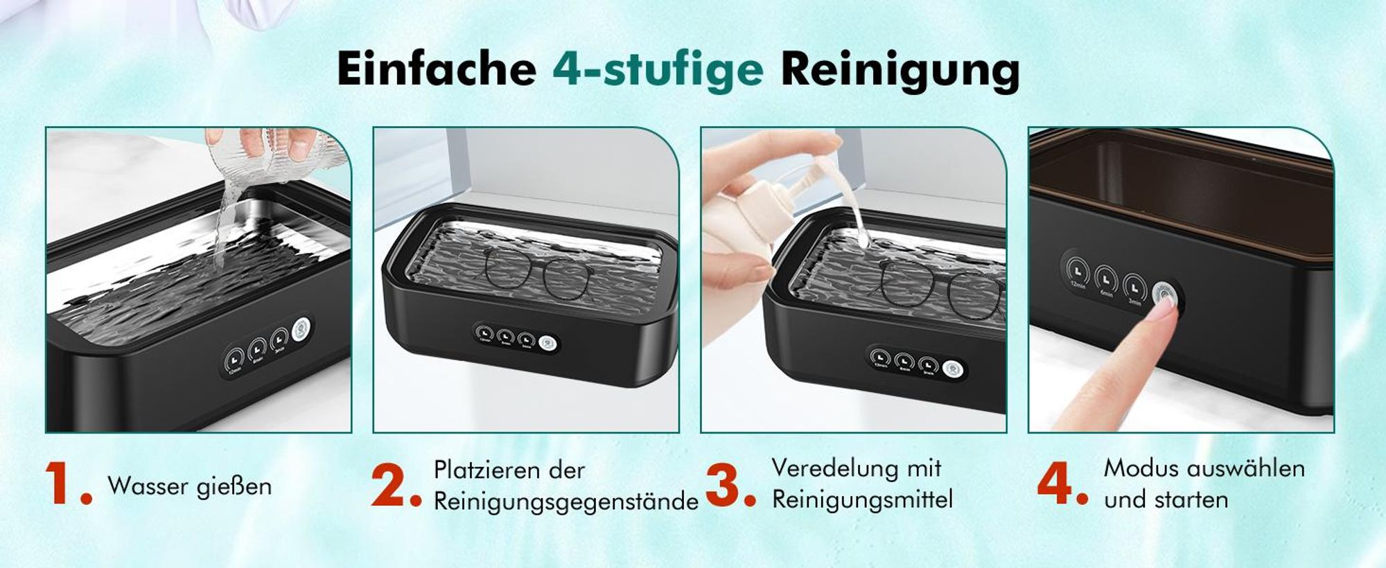 Ultraschallreiniger, Ultraschallreinigungsgerät, 650ml 48.000Hz Ultraschallgerät, 360° Tiefenreinigung, für Gläsern, Schmuck, Zahnersatz