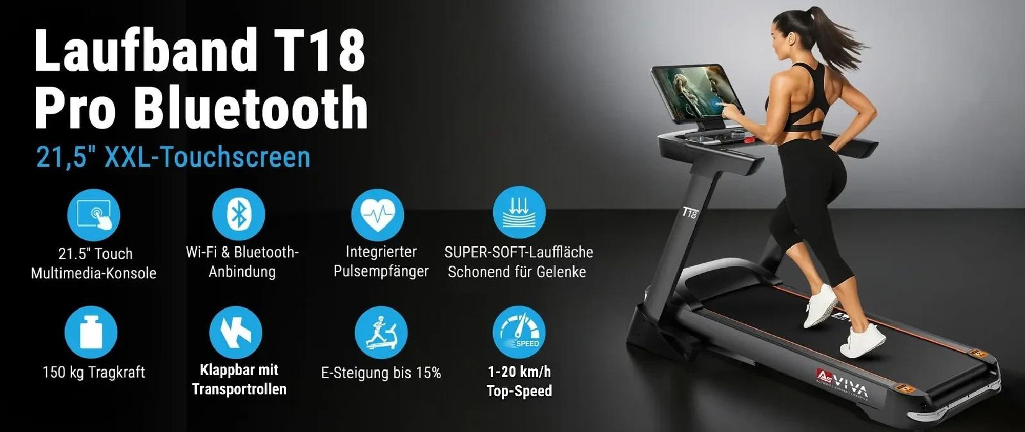 Laufband klappbar AsVIVA T18 Heimtrainer bis 20 km/h 15% Steigung mit Touchscreen Bluetooth bis 150kg für Zuhause