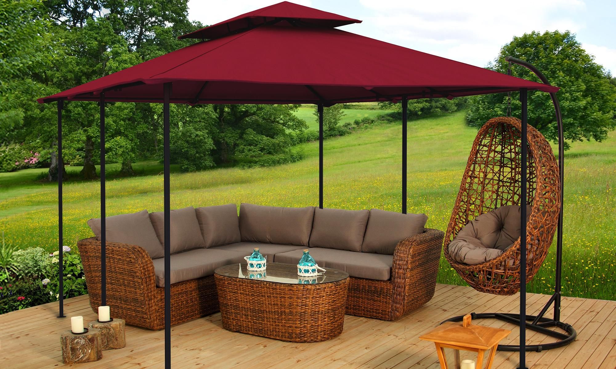 paramondo Comfort Gartenpavillon, 4 x 3 m, beige + Wände – Stahl, wasserdicht, UV‑Schutz 50+, doppeltes Dach