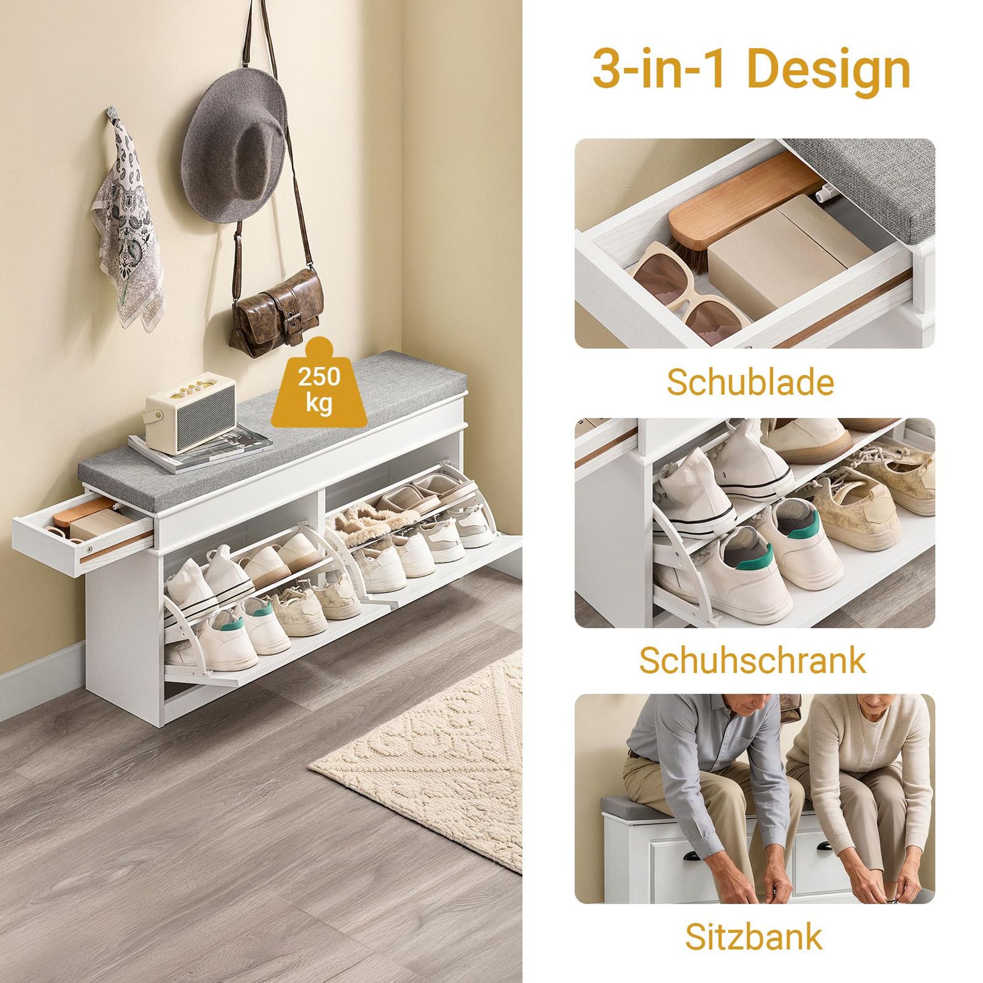 SoBuy Schuhbank mit Sitzfläche und 2 Klappen schmaler Schuhschrank mit Sitzbank & Schuhregal platzsparend Schuhablage für Flur & kleine Räume FSR64-WG
