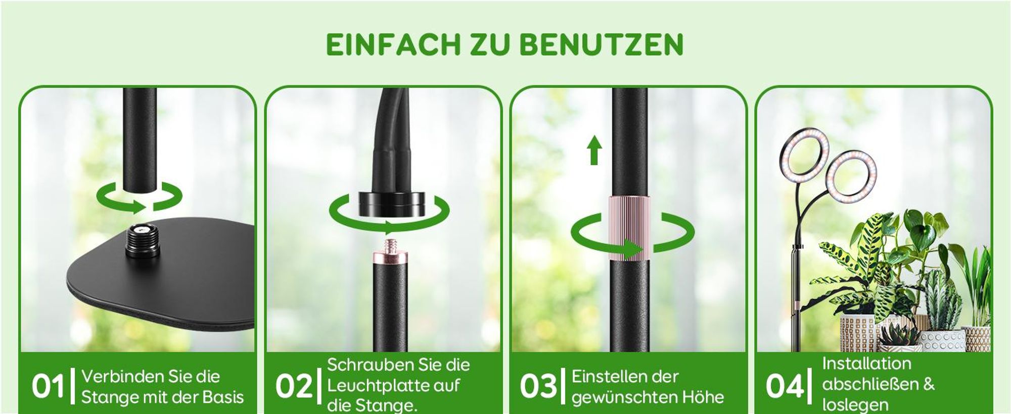 LED Pflanzenlampe Vollspektrum 2 Köpfe, 144 LEDs, 10-stufig dimmbar, Timer 3/9/12h, mit 16 cm Ring und 35-155 cm verstellbarem Stab für Zimmerpflanzen
