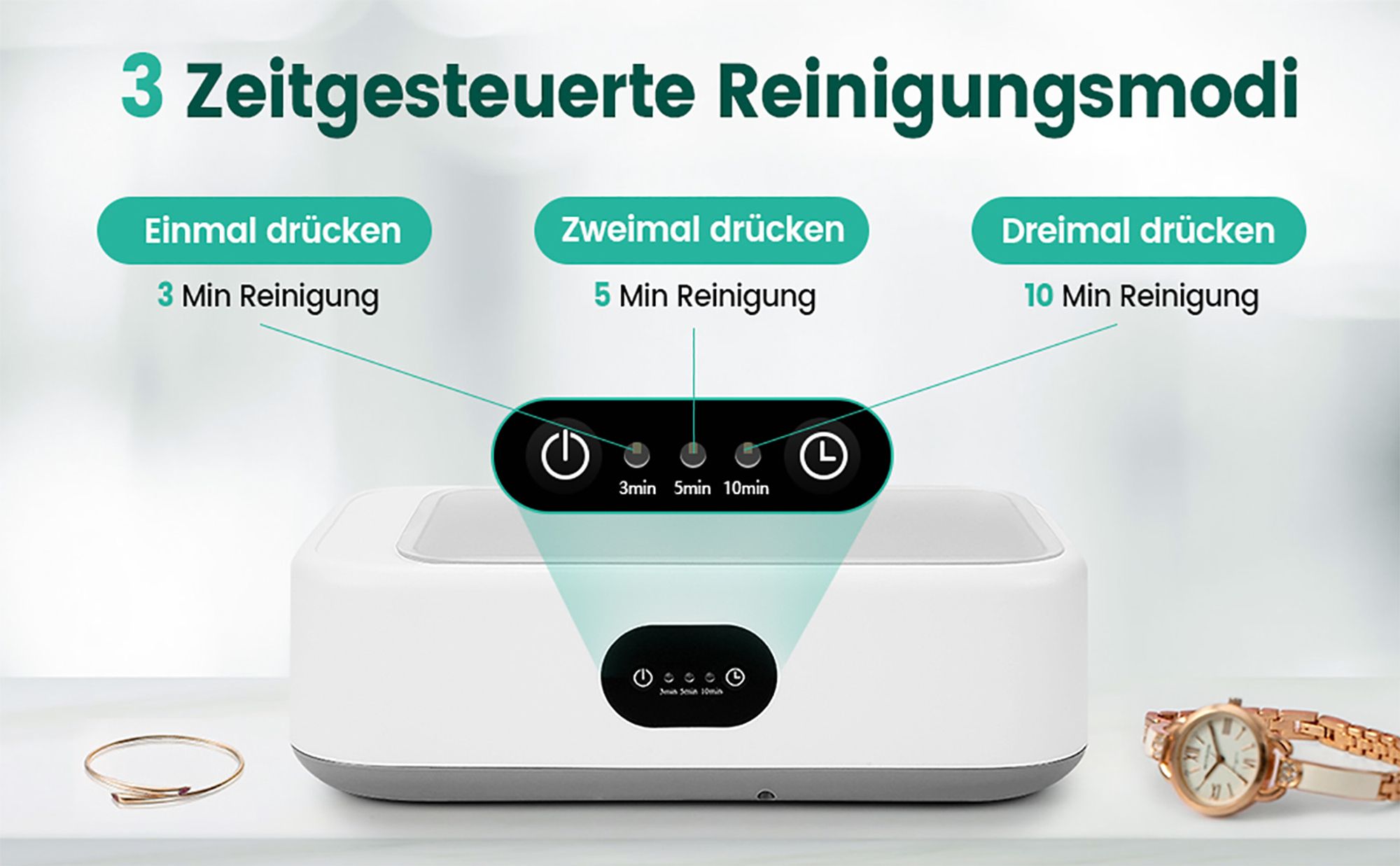 Ultraschallreinigungsgerät, 49000Hz Ultraschallreinigungsgerät Brillen, 640ml Brillenreinigungsgerät mit 3 Zeitfunktionen, Ultraschallreiniger